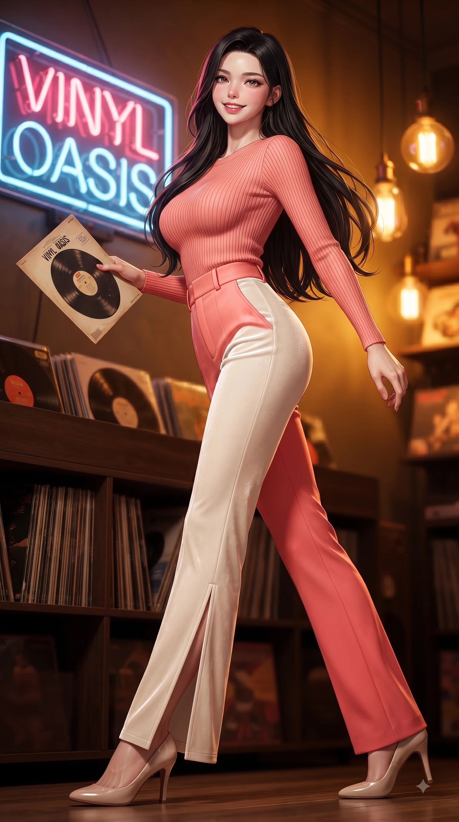 score_9, masterpiece, best quality, ultra-detailed, high-budget anime keyframe, editorial fashion photography, tasteful artistic composition, Korean woman. low angle full-body shot from head to toe showing her feet, filling the entire 9:16 vertical frame with her statuesque presence, stretching her vertical silhouette. pivoting dynamically with a fresh infectious smile, her ultra-slim waist creating a sweeping fluid curve while pivoting dynamically near a neon music sign while holding a vintage record sleeve. The composition keeps background elements in soft focus with dreamy bokeh. shelves of vintage vinyl records and warm amber Edison lamps blurred into cozy golden bokeh. She has an absolutely perfect, statuesque 8.5-heads proportion, an exceptionally tall and slender model-like female figure with impossibly long slender legs and an ultra-slim waist. sharp v-shaped jawline, high-bridge nose, intricate jewel-like eyes with depth, thick eyelashes, glossy lips with a natural sheen, flawlessly proportioned anatomical accuracy, natural body alignment, perfectly sculpted elegant limbs, clean dynamic posture without body distortion. wearing a form-contouring ribbed knit top paired with high-waisted tailored stretch trousers in vibrant coral pink and pure ivory, made of lustrous stretch velvet, featuring a sleek side leg slit ascending to mid-thigh, the elegant draped fit framing her graceful clavicle and slender torso. bathed in warm golden amber lamp glow and retro neon rim light. ultra-reflective glossy finish, specular highlights, metallic sheen, high-contrast stereoscopic depth, volumetric dynamic lighting, 2k, ultra detail, master piece, 9:16 ratio