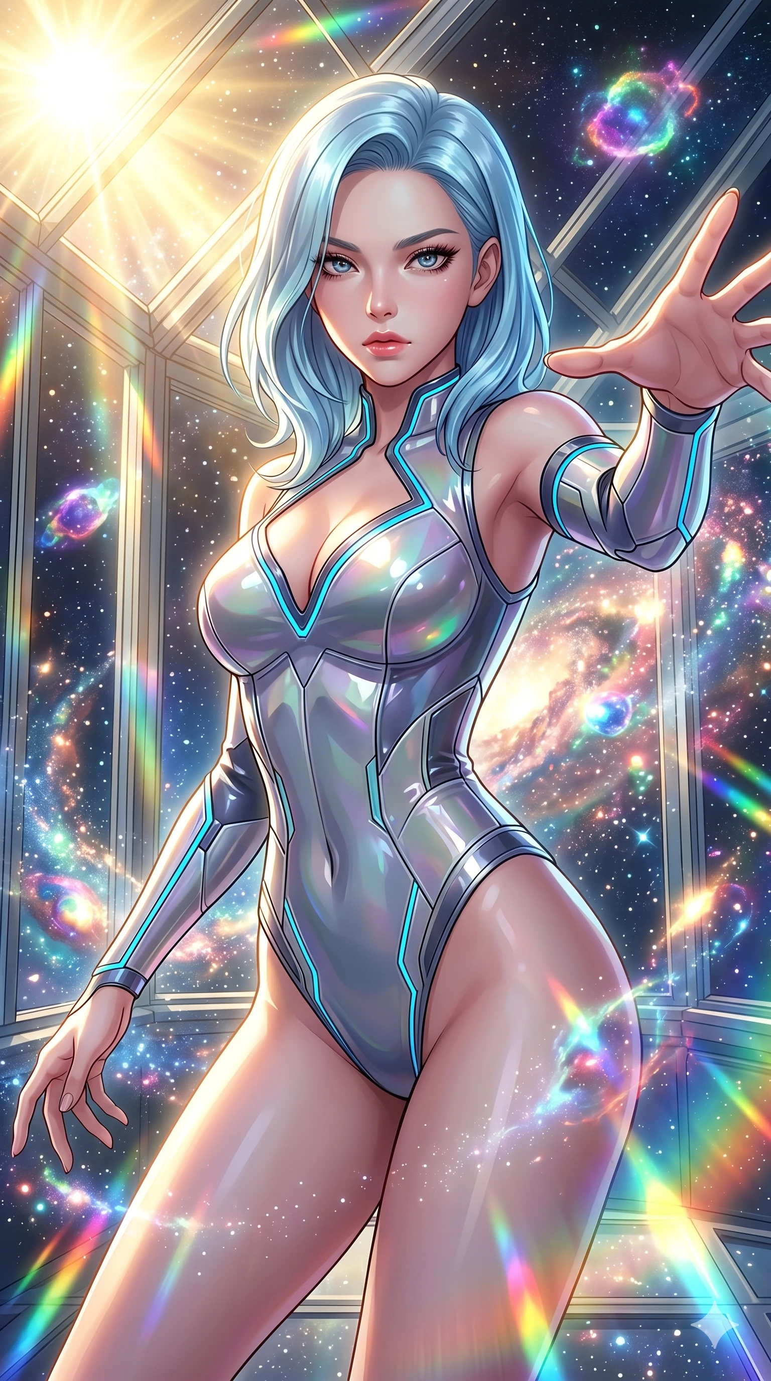 score_9, masterpiece, best quality, ultra-detailed, high-budget anime keyframe, Korean woman. Upper body close-up from the thighs up, character filling the screen for maximum presence. She is posing with dynamic energy as glowing cosmic stardust and floating nebulae swirl around her inside a sunlit orbital conservatory. She looks toward the camera with a captivating, intense gaze. She has an absolutely perfect 8-heads proportion, a tall and elegant figure with a refined silhouette and a defined waistline. V-shaped jawline, high-bridge nose, intricate jewel-like eyes with depth, thick eyelashes, glossy lips with a natural sheen. She is wearing a structured cybernetic bodice in glossy vinyl panels, paired with detached sleeves and a refined V-neckline detailed with glowing piping. The scene is bathed in brilliant, high-contrast golden solar rays and refracting rainbow lens flares. 2k, ultra detail, master piece, 9:16 ratio