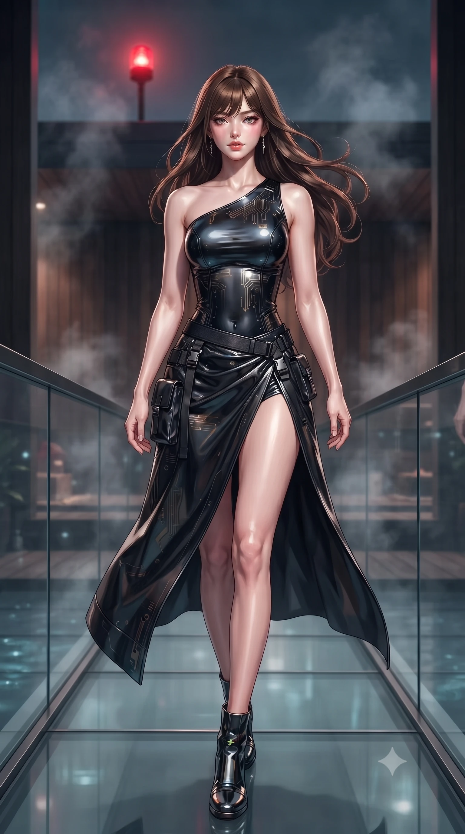 score_9, masterpiece, best quality, ultra-detailed, high-budget anime keyframe, editorial fashion photography, tasteful artistic composition, Korean woman. low angle full-body shot from head to toe showing her feet, filling the entire 9:16 vertical frame with her statuesque presence, stretching her vertical silhouette. walking slowly along a glass skybridge, looking back over her shoulder with an air of effortless grace, the background shows a soft-focus a thermal bath deck with dark cedar panels and bronze steam pipes. She has an absolutely perfect, statuesque 8.5-heads proportion, an exceptionally tall and slender model-like female figure with impossibly long slender legs and an ultra-slim waist. sharp v-shaped jawline, high-bridge nose, intricate jewel-like eyes with depth, thick eyelashes, glossy lips with a natural sheen. wearing a body-hugging asymmetric one-shoulder nanotech bodice paired with a daring high-slit tactical utility wrap skirt. steam venting catching a pulsing crimson warning beacon light from above. ultra-reflective glossy finish, specular highlights, metallic sheen, high-contrast stereoscopic depth, volumetric dynamic lighting, 2k, ultra detail, master piece, 9:16 ratio