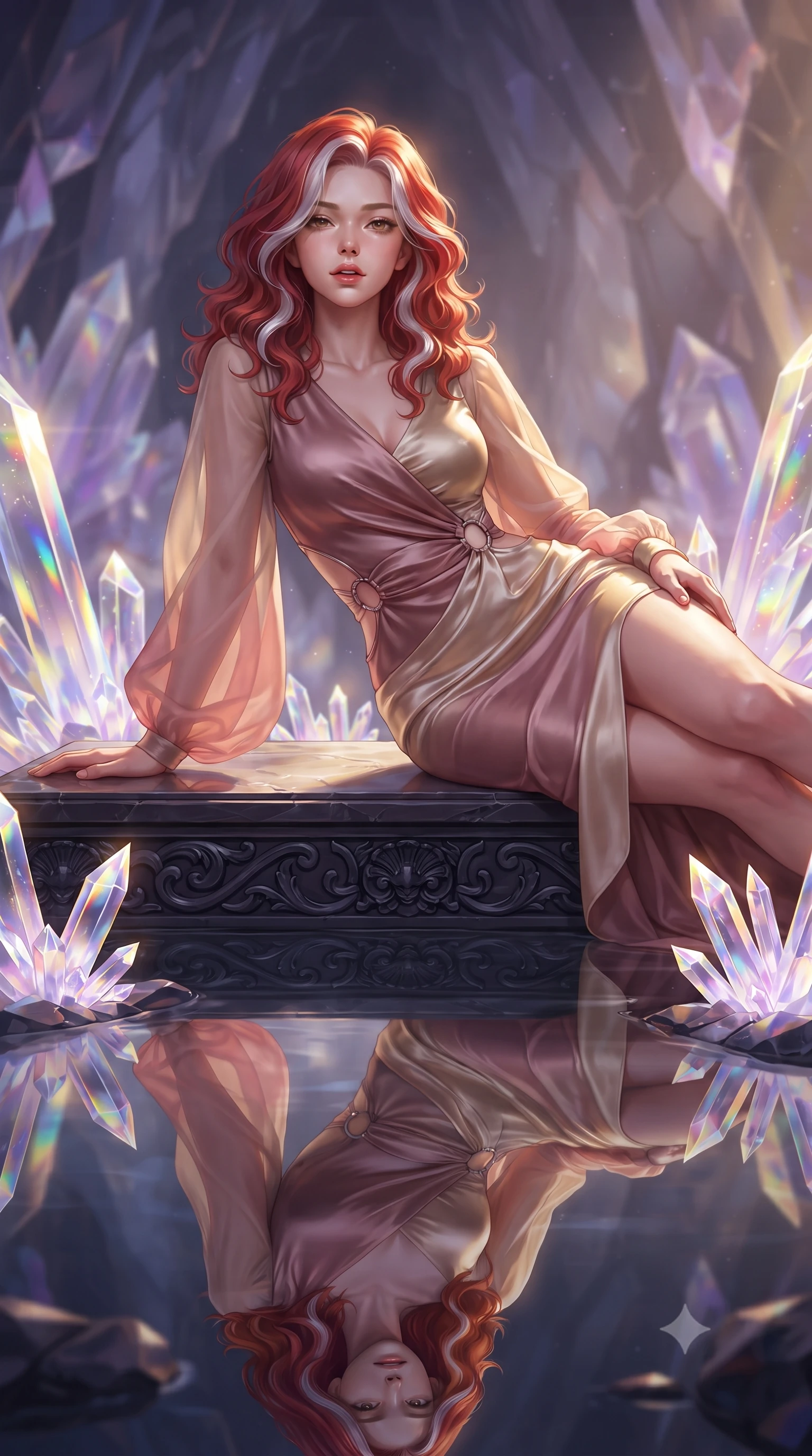 score_9, masterpiece, best quality, ultra-detailed, high-budget anime keyframe, editorial fashion photography, tasteful artistic composition, Caucasian woman. close-up cowboy shot from the waist and thighs up, the character dominates the composition, filling the frame with her large presence, background elements kept in soft focus. Tilting her chin up slightly with lips parted in a magnetic, composed expression resting on a carved obsidian altar surrounded by radiant crystal shards, still mirror-like water below reflecting her statuesque figure flawlessly. She has an exceptionally elegant, slender, and willowy female figure with an ultra-slim waist, a gracefully sculpted slender torso, and a refined silhouette. sharp v-shaped jawline, high-bridge nose, intricate jewel-like eyes with depth, thick eyelashes, glossy lips with a natural sheen. wearing a sleek bodycon knit dress with sheer organza sleeve panels in dusty rose and champagne gold, crafted from lustrous satin jersey with fluid draping, accented with delicate chrome ring hardware framing her waist, the sleek second-skin texture accentuating her magnetic presence. lit by warm golden sunlight colliding with cool violet crystal illumination. highly saturated vibrant anime colors, detailed shading with soft gradients, rich glossy textures, high-contrast stereoscopic depth, volumetric dynamic lighting, master piece, 9:16 ratio