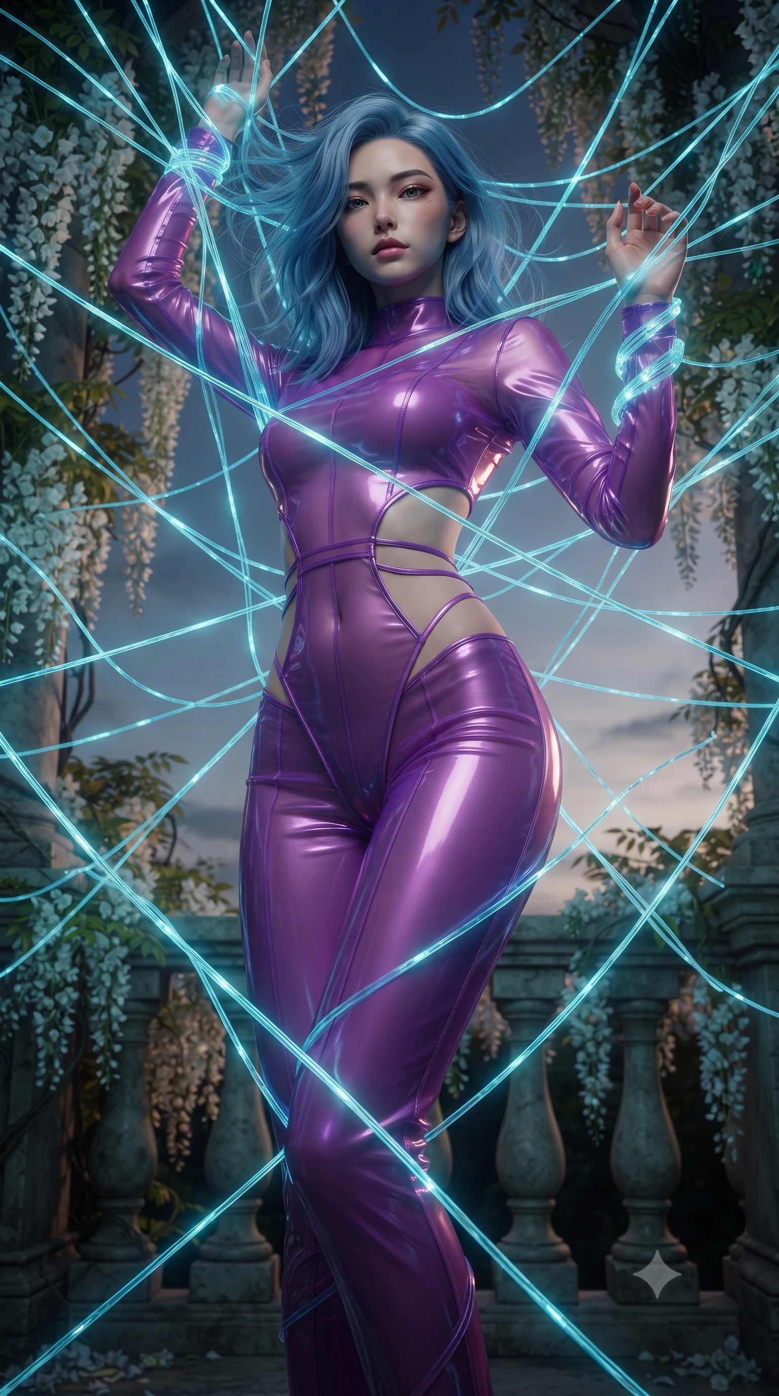 score_9, masterpiece, best quality, ultra-detailed, High-budget Anime Keyframe, editorial fashion photography, tasteful artistic composition, realistic cosplay photography, East Asian woman. Low angle cowboy shot filling the entire 9:16 frame with her statuesque presence. Scenario 514: tangled in a web of glowing cyan fiber-optic cables inside a quiet balcony surrounded by trailing white wisteria flowers. Her presence is magnetic and overpowering in this high-budget cinematic scene. Outfit 514: a body-hugging neon violet sheer organza jumpsuit with strategic waist cut-outs and slender leg straps. The clothing is designed to emphasize her exceptionally tall and slender 8-heads proportion. 8-heads proportion, towering silhouette, ultra-slim waist. sharp v-shaped jawline, intricate jewel-like eyes with depth, thick eyelashes, glossy lips. ultra-reflective glossy finish, specular highlights, metallic sheen, high-contrast stereoscopic depth, volumetric dynamic lighting, 2k, ultra detail, master piece, 9:16 ratio