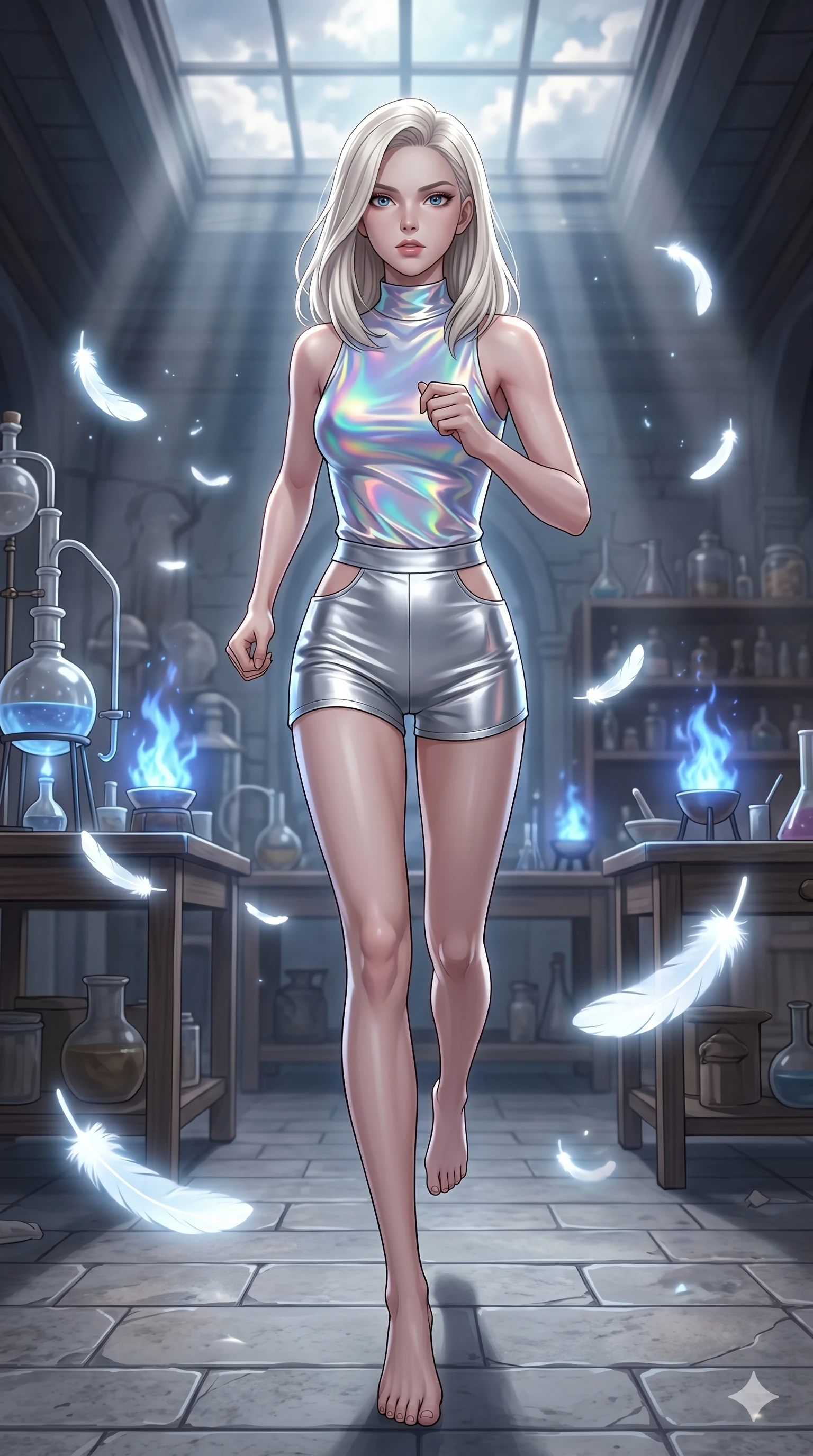 score_9, masterpiece, best quality, ultra-detailed, high-budget anime keyframe, editorial fashion photography, tasteful artistic composition, Caucasian woman, strictly human ears. low angle full-body shot from head to toe showing her feet, filling the entire 9:16 vertical frame with her statuesque presence, stretching her vertical silhouette. sprinting along in an alchemical porcelain workshop amidst blue alchemical flames as soft white feathers made of light drift gently around her. She has an absolutely perfect 8-heads proportion, an exceptionally tall and slender female figure with impossibly long slender legs and an ultra-slim waist. V-shaped jawline, high-bridge nose, intricate jewel-like eyes with depth, thick eyelashes, glossy lips with a natural sheen.. wearing a holographic liquid silk vest and silver metallic high-waist fitted shorts, featuring a architectural waist window detail and form-fitting silhouette. bathed in dramatic god rays filtering through clouds with high specular highlights along her silhouette. 2k, ultra detail, master piece, 9:16 ratio