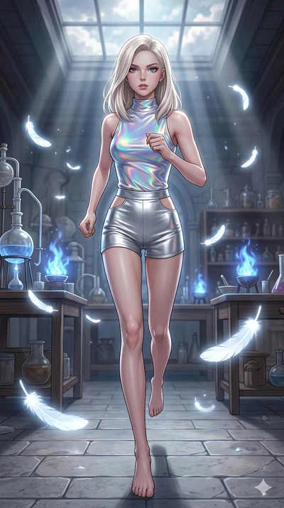 score_9, masterpiece, best quality, ultra-detailed, high-budget anime keyframe, editorial fashion photography, tasteful artistic composition, Caucasian woman, strictly human ears. low angle full-body shot from head to toe showing her feet, filling th
