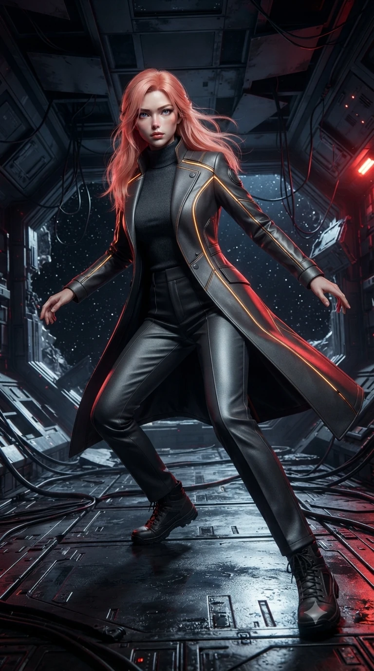 score_9, masterpiece, best quality, ultra-detailed, high-budget anime keyframe, editorial fashion photography, tasteful artistic composition, realistic cosplay photography, Japanese woman. low angle full-body shot from head to toe showing her feet, filling the entire 9:16 vertical frame with her statuesque presence, stretching her vertical silhouette. skidding across a metal flight deck as the starship tilts violently during battle inside a dark corridor with collapsed metal ceiling panels, exposing wires and the starry void of space. She has a statuesque 8.5-heads proportion, an exceptionally tall, slender and willowy model-like build with impossibly long legs and a highly sculpted ultra-slim waist. sharp v-shaped jawline, high-bridge nose, intricate jewel-like eyes with depth, thick eyelashes, glossy lips with a natural sheen. wearing tailored for maximum mobility, sleek form-contouring panels that allow fluid movement, a body-hugging tailored cyber-command long coat in matte charcoal with glowing amber fiber-optic lining, worn over a high-neck dark grey combat turtleneck and straight trousers. sharp starlight from space mixed with red emergency hazard lights. ultra-reflective glossy finish, specular highlights, metallic sheen, high-contrast stereoscopic depth, volumetric dynamic lighting, 2k, ultra detail, master piece, 9:16 ratio