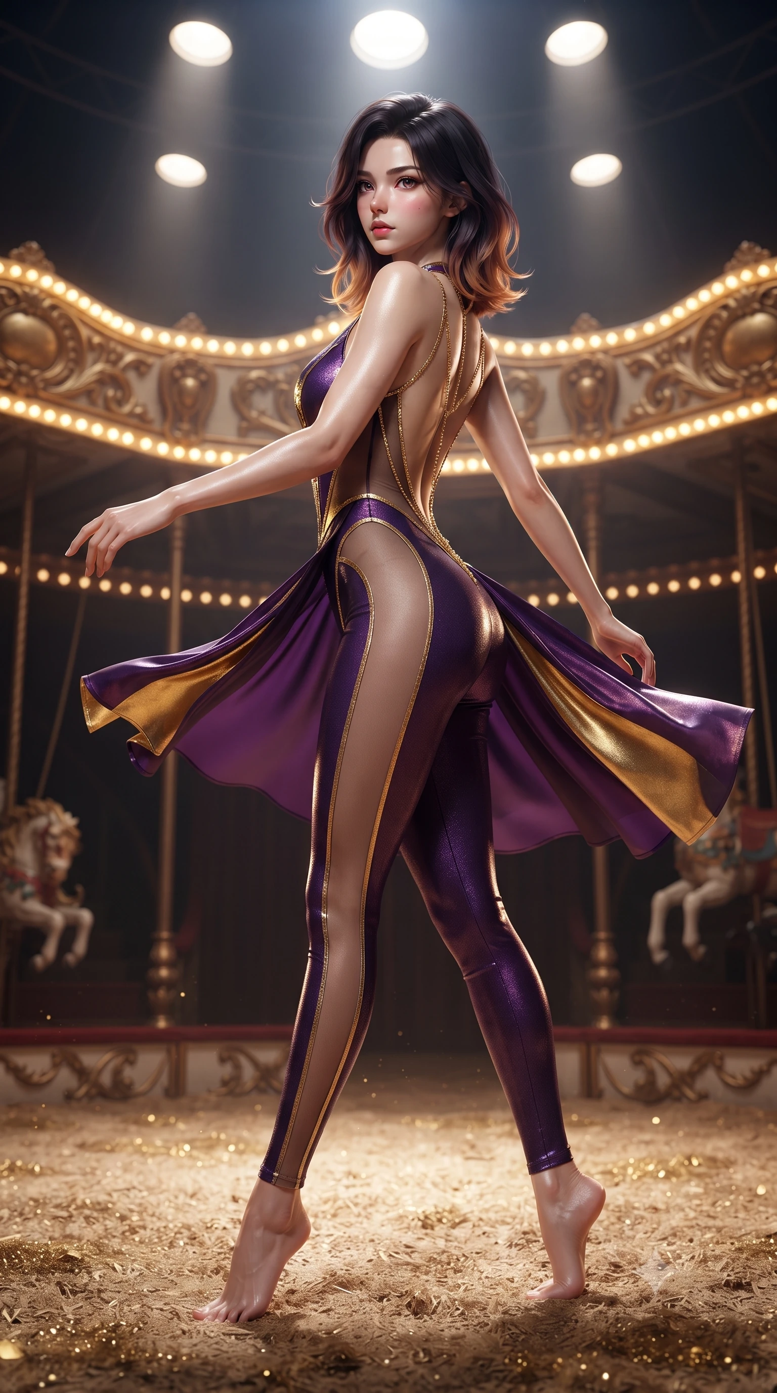 score_9, masterpiece, best quality, ultra-detailed, high-budget anime keyframe, editorial fashion photography, tasteful artistic composition, Korean woman. low angle full-body shot from head to toe showing her feet, filling the entire 9:16 vertical frame with her statuesque presence, stretching her vertical silhouette. executing an elegant mid-motion pivot turn as garments swirl around her slender limbs, glancing over her shoulder with an intoxicating bedroom-gaze while pivoting dynamically on the sawdust arena floor, her tailored garments fluttering to accentuate her statuesque hips and long slender legs. The surrounding environment is rendered in vivid detail and crisp panoramic clarity. sharp carved carousel filigree, velvet rope braid textures, and circus platform rigging in deep focus. She has an absolutely perfect, statuesque 8.5-heads proportion, an exceptionally tall and slender model-like female figure with impossibly long slender legs, a toned flat midriff, an ultra-slim waist, and beautifully sculpted feminine hips. sharp v-shaped jawline, high-bridge nose, intricate jewel-like eyes with depth, thick eyelashes, glossy parted lips with a natural sheen, intensely captivating and seductive bedroom-eyes expression, flawlessly proportioned anatomical accuracy, strict slender model proportions, natural body alignment, perfectly sculpted long slender limbs, ultra-slim waistline, clean dynamic posture without body distortion. wearing a plunging-V neckline circus trapeze unitard with sheer mesh side panels tracing the full curve of her hip in imperial royal purple and polished gold leaf, made of flexible compression spandex sculpting her athletic hourglass lines, accented with a glittering gold back chain tracing her bare spine down to her hip line, the form-contouring material adhering flawlessly to her sculpted flat midriff and slender torso, emphasizing her long leg lines and perfectly proportioned willowy build. bathed in dramatic overhead circular spotlight beams and warm golden carousel perimeter glow. ultra-reflective glossy finish, specular highlights, rich textural contrasts, high-contrast stereoscopic depth, volumetric dynamic lighting, 2k, ultra detail, master piece, 9:16 ratio
