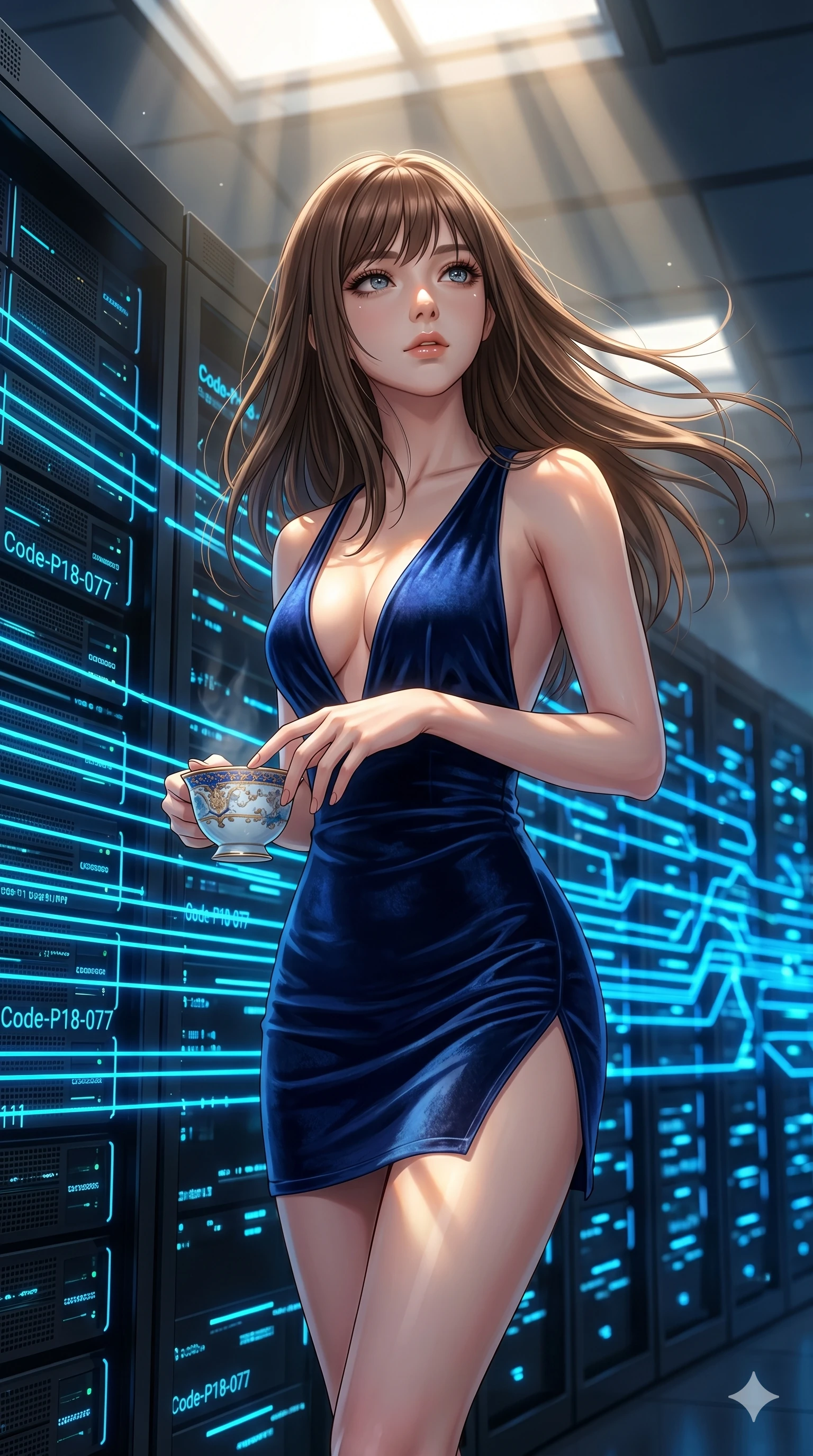 score_9, masterpiece, best quality, ultra-detailed, high-budget anime keyframe, editorial fashion photography, tasteful artistic composition, Korean woman. cowboy shot from the thighs up, character and outfit filling the frame for maximum editorial presence. resting her fingers on a porcelain tea cup, looking up inside a digital server room with rows of pulsing neon blue light lines (Code-P18-077). She has an absolutely perfect 8-heads proportion, an exceptionally tall and slender female figure with impossibly long slender legs and an ultra-slim waist. V-shaped jawline, high-bridge nose, intricate jewel-like eyes with depth, thick eyelashes, glossy lips with a natural sheen. wearing a velvet bodycon mini dress featuring a daring plunging neckline and high slit. soft morning sunbeams filtering through the skylight, highlighting her high-bridge nose. 2k, ultra detail, master piece, 9:16 ratio