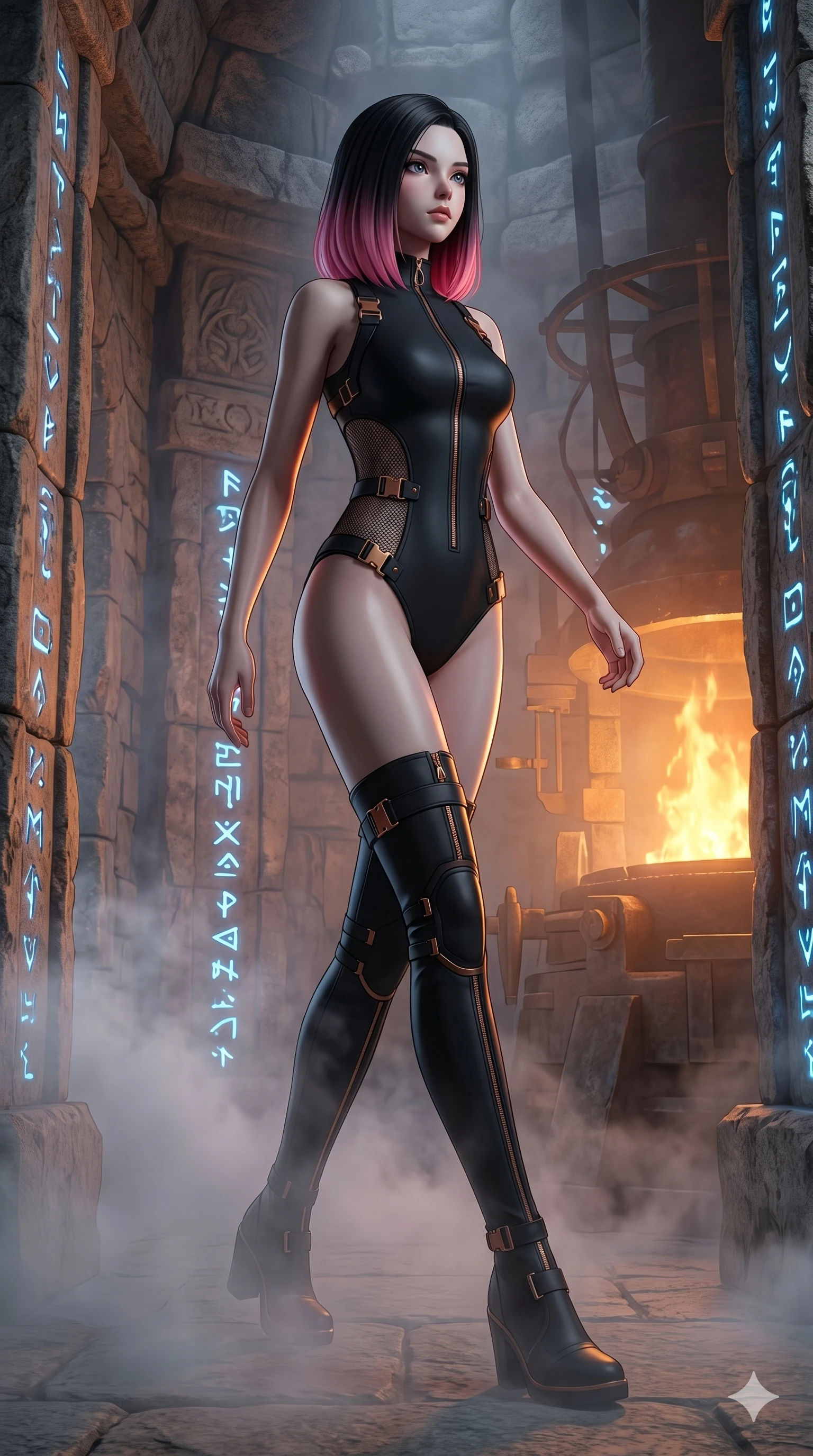 score_9, masterpiece, best quality, ultra-detailed, high-budget anime keyframe, editorial fashion photography, tasteful artistic composition, Korean woman. low angle full-body shot from head to toe showing her feet, filling the entire 9:16 vertical frame with her statuesque presence, stretching her vertical silhouette. Striding forward through a cloud of mist, her silhouette emerging with dramatic presence within an ancient stone labyrinth where the walls are lined with glowing blue runes. She has an absolutely perfect 8-heads proportion, an exceptionally tall and slender female figure with impossibly long slender legs and an ultra-slim waist. V-shaped jawline, high-bridge nose, intricate jewel-like eyes with depth, thick eyelashes, glossy lips with a natural sheen. wearing a precision-fitted bodysuit in matte black featuring copper-toned hardware and mesh side cutouts. bathed in the warm, flickering orange light of an alchemical forge, casting long moving shadows. 2k, ultra detail, master piece, 9:16 ratio
