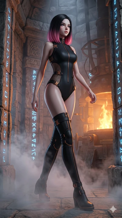 score_9, masterpiece, best quality, ultra-detailed, high-budget anime keyframe, editorial fashion photography, tasteful artistic composition, Korean woman. low angle full-body shot from head to toe showing her feet, filling the entire 9:16 vertical f