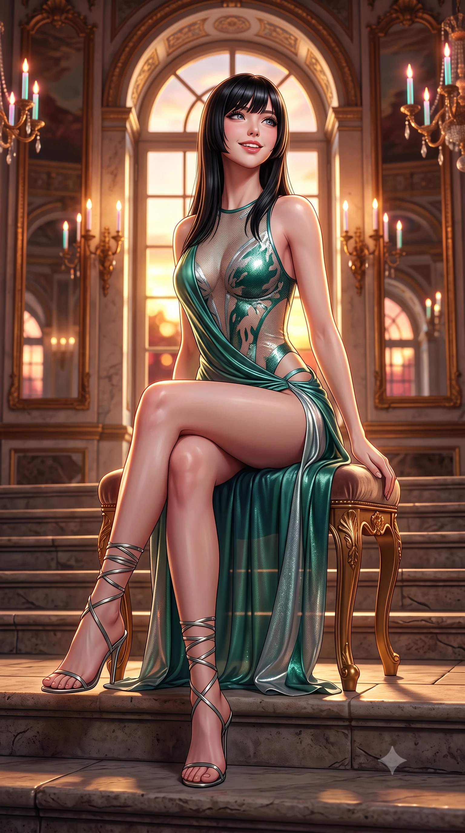 score_9, masterpiece, best quality, ultra-detailed, high-budget anime keyframe, semi-realistic 3D game render, editorial fashion photography, tasteful artistic composition, Caucasian woman. low angle full-body shot from head to toe showing her feet, filling the entire 9:16 vertical frame with her statuesque presence, stretching her vertical silhouette. sitting poised on the stone steps with one knee bent, arching her spine with supermodel elegance as she glances upward through thick eyelashes while sitting gracefully on the velvet-upholstered gilded stool with legs crossed, flashing a playful, coquettish smile with parted glossy lips. The background shows a soft-focus infinite recursive mirror reflections, antique gilded chandeliers fitted with neon plasma candles, and setting sun through arched palace windows blurred into gold, copper, and ruby bokeh. She has an exceptionally tall and slender model-like 8.5-heads proportion, an ultra-slim waist, a flat toned midriff, narrow delicate ribcage, and beautifully sculpted feminine hips creating a graceful, slim hourglass silhouette without any bulky heaviness, with impossibly long slender legs. sharp v-shaped jawline, high-bridge nose, intricate jewel-like sparkling eyes with depth, thick eyelashes, glossy parted lips with a natural peach sheen, bright cheerful beaming smile with an enchanting and coquettish sensual glint, exuding both youthful cute charm and seductive allure, flawlessly proportioned anatomical accuracy, strict slender model proportions, natural body alignment, perfectly sculpted long slender limbs, ultra-slim waistline, clean dynamic posture without body distortion. wearing a provocative sheer-illusion cyber-mesh bodysuit with strategic metallic foil flocking and high-cut leg openings in polar aurora jade and starlight platinum, made of fluid liquid jersey with seamless sculpting hold and smooth contours, complemented by strappy stiletto sandals with metallic ankle wraps accentuating her slender calves, the high-slit wrap tailoring accentuating her ultra-slim waistline and the enchanting curve of her feminine hips with alluring seductive charm. illuminated by mirror reflection bounce and sharp sunburst-gold rim lights defining her jawline, narrow waist, and curvy hips. highly saturated vibrant anime colors, detailed shading with soft gradients, rich glossy textures, high-contrast stereoscopic depth, volumetric dynamic lighting, master piece, 9:16 ratio