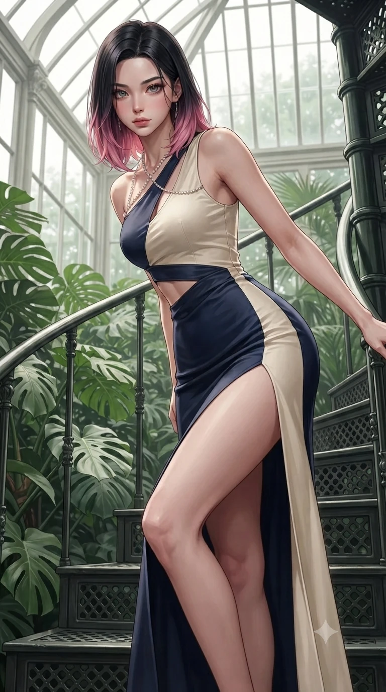 score_9, masterpiece, best quality, ultra-detailed, high-budget anime keyframe, editorial fashion photography, tasteful artistic composition, Korean woman. close-up cowboy shot from the waist and thighs up, the character dominates the composition, filling the frame with her large presence. leaning forward while arching her lower back to accentuate her curvy hips, looking into the camera with an intoxicating smoldering gaze and bedroom-eyes while stepping gracefully down the spiral iron steps with feline poise, her long slender legs and curvy hourglass hips commanding the lush conservatory. The surrounding environment is rendered in vivid detail and crisp panoramic clarity: sharp perforated cast-iron stair tread filigree, split monstera leaf venation, and glasshouse mullion rivet textures in deep focus. She has an exceptionally elegant, slender, and willowy female figure with an ultra-slim waist, flat toned midriff, narrow ribcage, and sculpted feminine hips creating an alluring, slim hourglass silhouette without bulk. sharp v-shaped jawline, high-bridge nose, sparkling eyes with hypnotic seductive depth, thick curled eyelashes, glossy parted lips with a natural dewy peach sheen, alluring bedroom-eyes with an enchanting coquettish smile, exuding magnetic siren charisma and sophisticated glamour, flawlessly proportioned anatomical accuracy, strict slender model proportions, natural body alignment, perfectly sculpted long slender limbs, ultra-slim waistline, clean dynamic posture without body distortion. wearing an asymmetric one-shoulder liquid jersey nymph dress with dramatic hip-high slit and waist cutout in French Riviera navy and crisp champagne ivory, tailored from crisp high-density botanical cotton poplin with pristine structural hold, finished with a pearl-drop body harness subtly framing her dewy collarbones and spine, the liquid-tight tailored fabric clinging flawlessly to her narrow waist and rounded feminine hips, emphasizing every millimeter of her sculpted slim hourglass curves without any bulky heaviness. illuminated by glasshouse floor reflection bounce and sharp warm-gold rim lights sculpting her jawline, ultra-slim waist, and curvy hips. ultra-reflective glossy finish, specular highlights, rich textural contrasts, high-contrast stereoscopic depth, volumetric dynamic lighting, 2k, ultra detail, master piece, 9:16 ratio