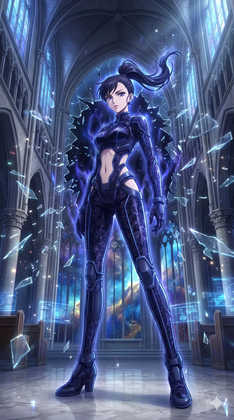score_9, masterpiece, best quality, ultra-detailed, High-budget Anime Keyframe, vibrant colors, fluid line-art, expressive lighting, cinematic composition, Ufotable-style visual effects, top-tier animation quality, Japanese woman with delicate and elegant anime-inspired features. Wide-angle low shot emphasizing her impossibly long slender legs and commanding stature. Shattering a massive wall of reinforced glass with her sheer powerful mental aura, shards of glass flying in slow motion around her. She has an absolutely perfect 8-heads proportion, an exceptionally tall and slender female figure with impossibly long slender legs and an ultra-slim waist, her statuesque height and towering silhouette dominating the vertical 9:16 frame. Her face is a masterpiece featuring a sharp v-shaped jawline, high-bridge nose, intricate jewel-like eyes with depth, thick eyelashes, and glossy lips with a natural sheen. She is wearing a Futuristic pilot suit with an exposed midriff and a high-cut structural frame crafted from Crushed dark velvet with a deep, rich texture that absorbs light and glows at the edges, featuring strategic side cut-outs that emphasize her ultra-slim waist and hips. The scene is set in a majestic gothic cathedral in deep space with massive windows overlooking a swirling nebula, illuminated by soft bioluminescent glow from the environment casting ethereal colors on her skin. 2k, ultra detail, master piece, 9:16 ratio