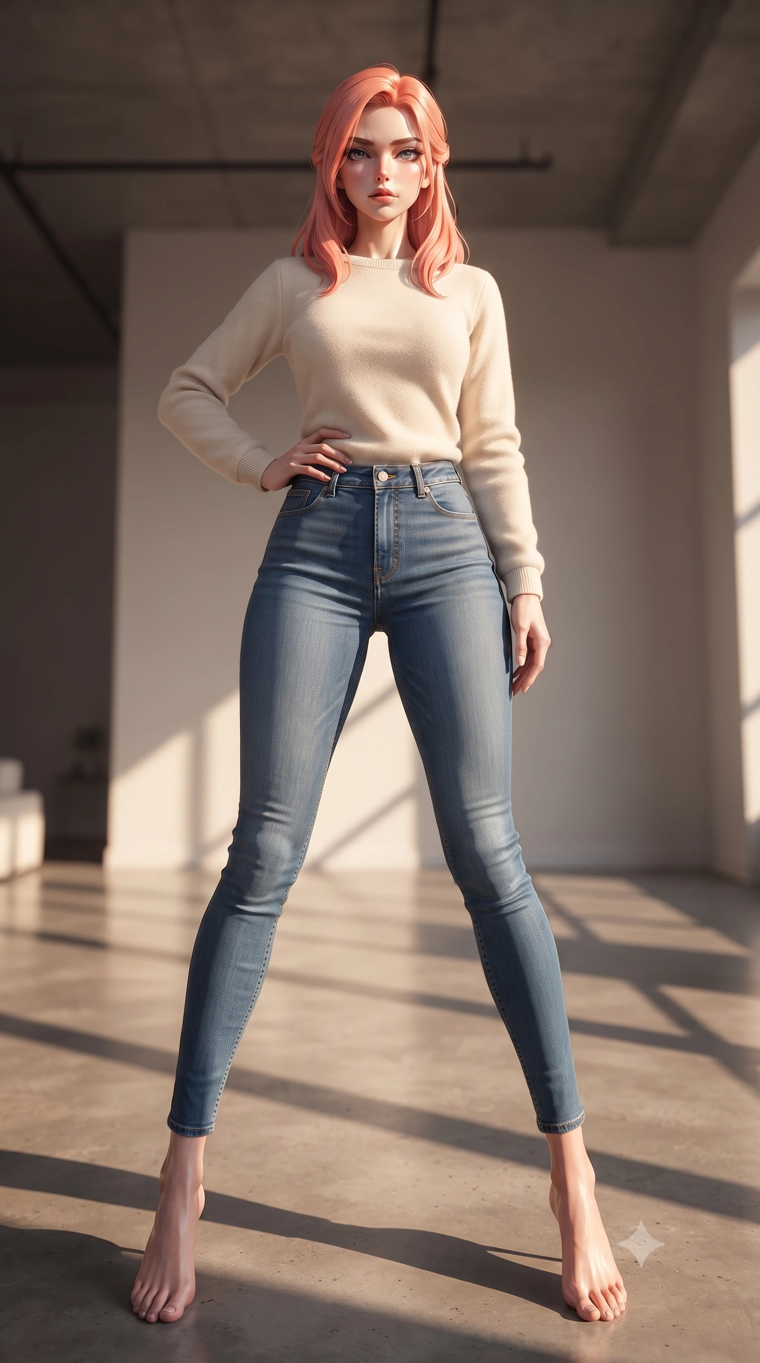 score_9, masterpiece, best quality, ultra-detailed, high-budget anime keyframe, editorial fashion photography, tasteful artistic composition, Japanese woman. low angle full-body shot from head to toe showing her feet, filling the entire 9:16 vertical frame with her statuesque presence, stretching her vertical silhouette. posing confidently with one hand on her hip, stretching her statuesque body to emphasize her curves the background shows a soft-focus a minimalist luxury penthouse loft with high ceilings and polished concrete floors. She has an absolutely perfect, statuesque 8.5-heads proportion, an exceptionally tall and slender model-like female figure with impossibly long slender legs and an ultra-slim waist. sharp v-shaped jawline, high-bridge nose, intricate jewel-like eyes with depth, thick eyelashes, glossy lips with a natural sheen. wearing a body-hugging comfortable cream fleece sweater over blue denim jeans. warm late afternoon sunbeams casting long geometric shadow lines across the floor. ultra-reflective glossy finish, specular highlights, metallic sheen, high-contrast stereoscopic depth, volumetric dynamic lighting, 2k, ultra detail, master piece, 9:16 ratio