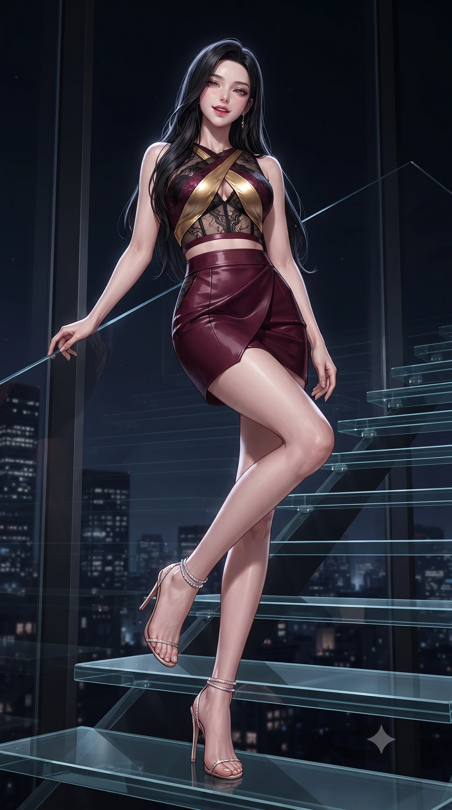 score_9, masterpiece, best quality, ultra-detailed, high-budget anime keyframe, editorial fashion photography, tasteful artistic composition, Korean woman. low angle full-body shot from head to toe showing her feet, filling the entire 9:16 vertical frame with her statuesque presence, stretching her vertical silhouette. reclining gracefully across the plush chaise lounge with one leg extended, her sculpted silhouette and flat midriff radiating magnetic nocturnal glamour while standing poised on the transparent glass stair treads hovering in mid-air, arching her spine with breathtaking supermodel vertigo. The surrounding environment is rendered in vivid detail and crisp panoramic clarity: detailed wet-look vinyl bustier shine, subtle mesh tights weave, and precision contemporary engineering in razor-sharp precision. She has an absolutely perfect, statuesque 8.5-heads proportion, an exceptionally tall and slender model-like female figure with impossibly long slender legs, an ultra-slim waist, a flat toned midriff, narrow delicate ribcage, and beautifully sculpted feminine hips creating a graceful, slim hourglass silhouette without any bulky heaviness. sharp v-shaped jawline, high-bridge nose, sparkling eyes with hypnotic seductive depth, thick curled eyelashes, glossy parted lips with a natural dewy peach sheen, alluring bedroom-eyes with an enchanting coquettish smile, exuding magnetic siren charisma and sophisticated glamour, flawlessly proportioned anatomical accuracy, strict slender model proportions, natural body alignment, perfectly sculpted long slender limbs, ultra-slim waistline, clean dynamic posture without body distortion. wearing a high-waisted architectural wrap mini skirt with clean structural lines paired with a plunging criss-cross crop top in smoldering bordeaux wine and liquid gold with black chantilly lace, made of semi-opaque stretch illusion mesh with soft shadowy contours, complemented by strappy stiletto sandals with crystal ankle wraps accentuating her slender calves, the glove-like clinging cut tightly following the natural contour of her hips and long slender legs with youthful 8.5-heads elegance. illuminated by glass refraction bounce and sharp platinum rim lights sculpting her razor-sharp jawline, narrow waist, and curvy hips. ultra-reflective glossy finish, specular highlights, rich textural contrasts, high-contrast stereoscopic depth, volumetric dynamic lighting, 2k, ultra detail, master piece, 9:16 ratio
