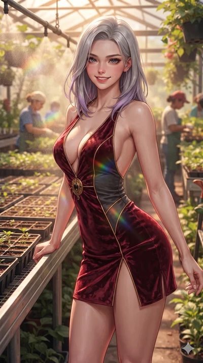 Caucasian woman. smiling with quiet, magnetic self-assurance directly into the camera, her sculpted waistline catching specular highlights while leaning against the long seedling bench with hips cocked back, watching fine water mist drift past her flat midriff and curvy hips. The background shows a soft-focus bustling botanical propagation house...