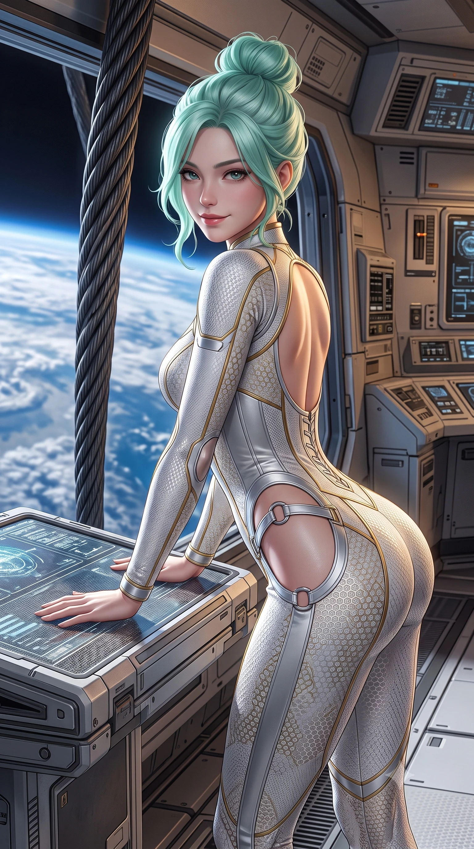 score_9, masterpiece, best quality, ultra-detailed, high-budget anime keyframe, semi-realistic 3D game render, editorial fashion photography, tasteful artistic composition, Japanese woman. close-up cowboy shot from the waist and thighs up, the character dominates the composition, filling the frame with her large presence. resting both hands lightly on the holoscreen pedestal while leaning toward the lens with a teasing smirk, her tight combat suit hugging her narrow waist and feminine hip curve while standing beside the immense carbon-tether cable descending into Earth's atmosphere, arching her spine with breathtaking grace. The surrounding environment is rendered in vivid detail and crisp panoramic clarity: detailed combat suit drape, Earth-shine highlights on skin, and orbital station architecture in razor-sharp precision. She has an exceptionally elegant, slender, and willowy female figure with an ultra-slim waist, flat toned midriff, narrow ribcage, and sculpted feminine hips creating an alluring, slim hourglass silhouette without bulk. sharp v-shaped jawline, high-bridge nose, intricate jewel-like sparkling eyes with depth, thick eyelashes, glossy parted lips with a natural sheen, bright confident smile with an enchanting and coquettish sensual glint, exuding both youthful magnetic charm and sovereign high-tech allure, flawlessly proportioned anatomical accuracy, strict slender model proportions, natural body alignment, perfectly sculpted long slender limbs, ultra-slim waistline, clean dynamic posture without body distortion. wearing a form-fitting white-and-gold zero-gravity EVA jumpsuit with an ultra-slim corseted waist and exposed clavicle line in pure alabaster white and brushed silver accents, woven from delicate semi-opaque high-tensile nano-mesh with intricate hexagonal micro-patterns, finished with sharp laser-cut side ventilation slits framed by silver hardware rings, the precision-cut side openings and low-back scoop framing her graceful spine and the sensual sweep of her slim, toned hips. illuminated by warm cabin ambient fill and crisp platinum rim lighting sculpting her razor-sharp jawline, narrow waist, and curvy hips. highly saturated vibrant anime colors, detailed shading with soft gradients, rich glossy textures, high-contrast stereoscopic depth, volumetric dynamic lighting, master piece, 9:16 ratio