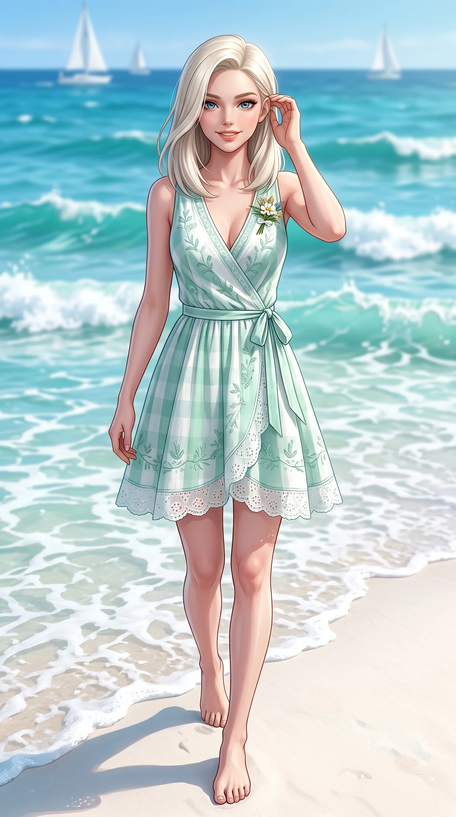score_9, masterpiece, best quality, ultra-detailed, high-budget anime keyframe, semi-realistic 3D game render, editorial fashion photography, tasteful artistic composition, Caucasian woman. close-up cowboy shot from the waist and thighs up, the character dominates the composition, filling the frame with her large presence. tilting her head with a cute, youthful grin while brushing a stray strand of hair behind her ear with slender fingers while stepping barefoot along a pristine white sandy cove as gentle crystalline seafoam laps at the shoreline. The composition keeps background elements in soft focus with creamy bokeh. sparkling turquoise ocean waves and distant white sailboat silhouettes blurred into clean marine blue and seafoam bokeh. She has an exceptionally elegant, slender, and willowy female figure with an ultra-slim waist, a gracefully sculpted slender torso, toned flat midriff, and a refined slim silhouette. sharp v-shaped jawline, high-bridge nose, intricate jewel-like eyes with depth, thick eyelashes, glossy lips with a natural sheen, pure and lovely fresh girlhood expression, flawlessly proportioned anatomical accuracy, strict slender model proportions, natural body alignment, perfectly sculpted long slender limbs, ultra-slim waistline, clean dynamic posture without body distortion. wearing a romantic wrap-style linen sundress with subtle botanical embroidery and a dainty waist tie in refreshing mint green and crisp sea-salt white, woven with delicate eyelet lace and breathable cotton voile, complemented by a delicate wildflower corsage pinned to the lapel, the relaxed yet flattering fit accentuating her naturally graceful and slender figure, highlighting her youthful charm and lovely silhouette. illuminated by crisp directional daylight defining her flawless features and slender silhouette. highly saturated vibrant anime colors, detailed shading with soft gradients, rich glossy textures, high-contrast stereoscopic depth, volumetric dynamic lighting, master piece, 9:16 ratio