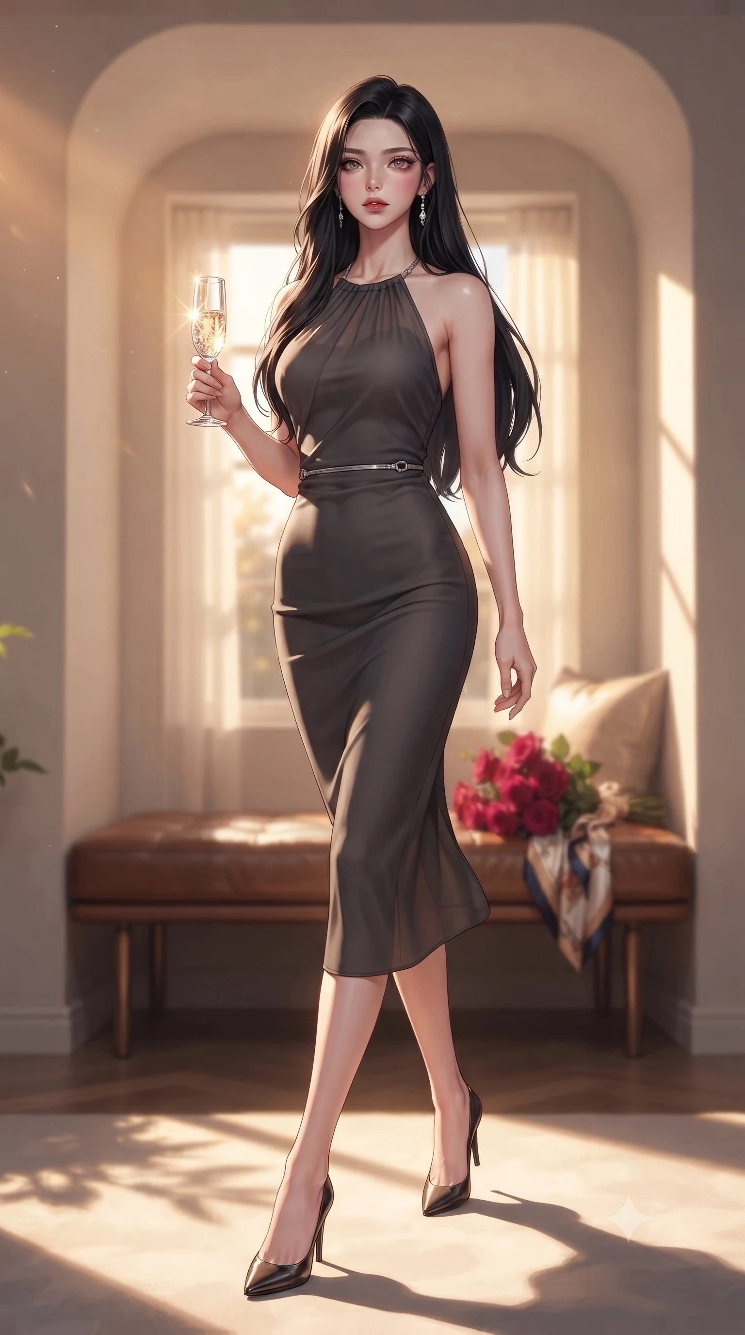 score_9, masterpiece, best quality, ultra-detailed, high-budget anime keyframe, editorial fashion photography, tasteful artistic composition, Korean woman. low angle full-body shot from head to toe showing her feet, filling the entire 9:16 vertical frame with her statuesque presence, stretching her vertical silhouette. stepping gracefully across the floor, her statuesque posture highlighting her slender waist while holding a crystal champagne glass set against a soft-focus background of inside an exclusive sunroom alcove with a bouquet of crimson roses and a silk scarf resting on the leather seat. She has an absolutely perfect, statuesque 8.5-heads proportion, an exceptionally tall and slender model-like female figure with impossibly long slender legs and an ultra-slim waist. sharp v-shaped jawline, high-bridge nose, intricate jewel-like eyes with depth, thick eyelashes, glossy lips with a natural sheen. wearing slim-fit charcoal semi-opaque chiffon form-contouring cashmere halter dress tracing her statuesque physique accented with delicate silver hardware. bathed in warm golden hour sunbeams that cast long, romantic shadows across the floor. ultra-reflective glossy finish, specular highlights, metallic sheen, high-contrast stereoscopic depth, volumetric dynamic lighting, 2k, ultra detail, master piece, 9:16 ratio