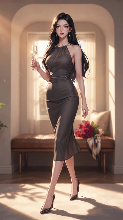 score_9, masterpiece, best quality, ultra-detailed, high-budget anime keyframe, editorial fashion photography, tasteful artistic composition, Korean woman. low angle full-body shot from head to toe showing her feet, filling the entire 9:16 vertical f