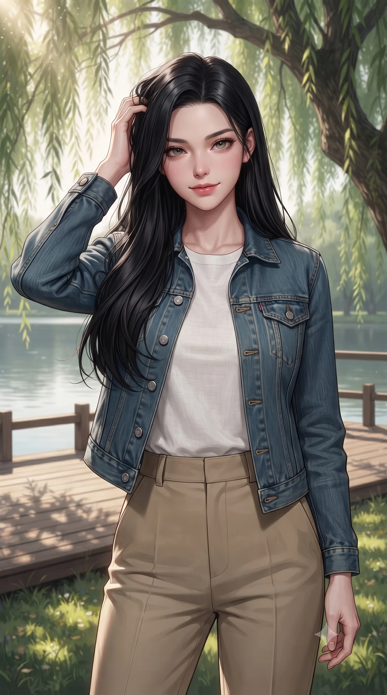 score_9, masterpiece, best quality, ultra-detailed, high-budget anime keyframe, editorial fashion photography, tasteful artistic composition, Korean woman woman. close-up cowboy shot from the waist and thighs up, the character dominates the composition, filling the frame with her large presence, background elements kept in soft focus. smiling with quiet, magnetic self-assurance directly into the camera, running a hand through her hair the background shows a soft-focus a wooden deck under a large willow tree next to a calm lake. She has an exceptionally elegant, slender, and willowy female figure with an ultra-slim waist, a gracefully sculpted slender torso, and a refined silhouette. sharp v-shaped jawline, high-bridge nose, intricate jewel-like eyes with depth, thick eyelashes, glossy lips with a natural sheen. wearing a slim-fit clean-cut denim jacket over a white linen tee and khaki trousers. dappled sunbeams filtering through the willow leaves onto the grass. ultra-reflective glossy finish, specular highlights, metallic sheen, high-contrast stereoscopic depth, volumetric dynamic lighting, 2k, ultra detail, master piece, 9:16 ratio