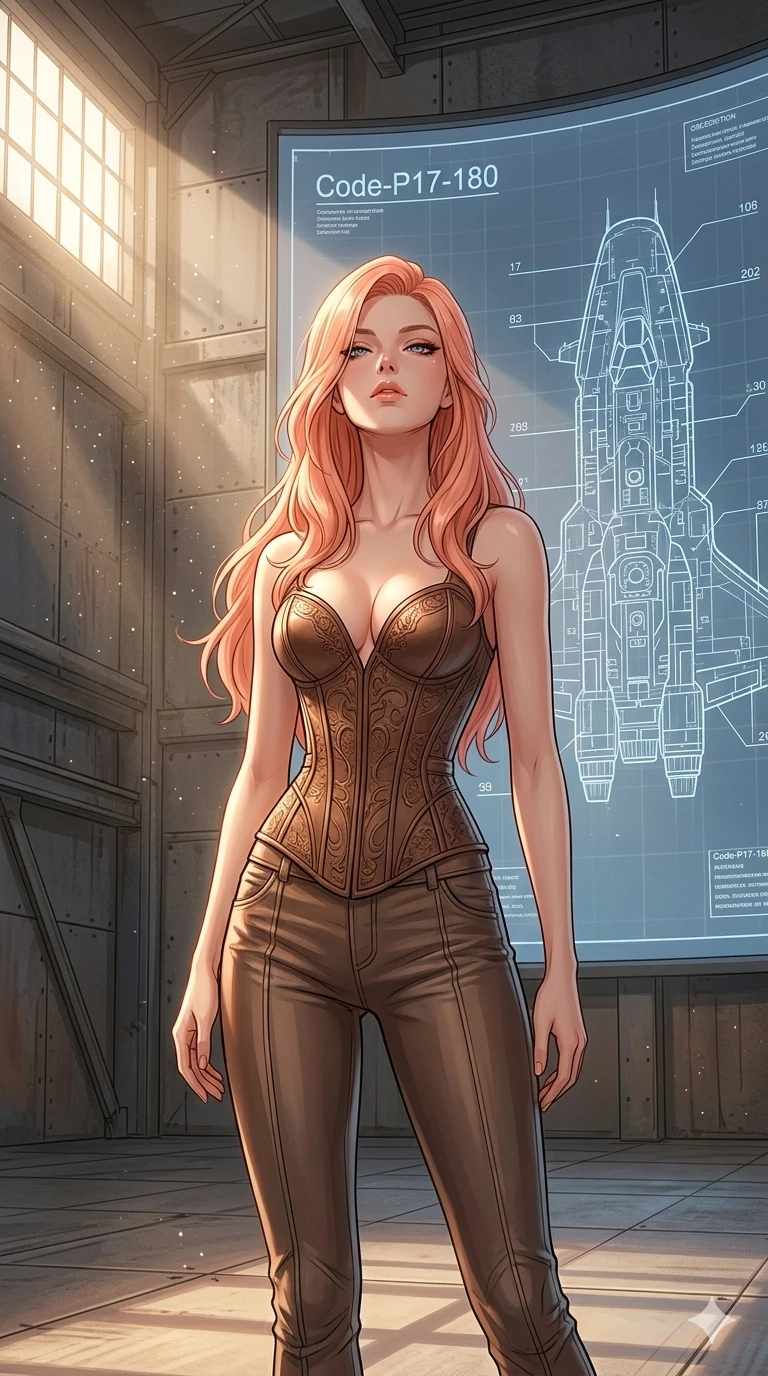 score_9, masterpiece, best quality, ultra-detailed, high-budget anime keyframe, editorial fashion photography, tasteful artistic composition, Japanese woman. cowboy shot from the thighs up, character and outfit filling the frame for maximum editorial presence. tilting her head back slightly with a confident and powerful expression in a hangar bay with starship blueprint (Code-P17-180). She has an absolutely perfect 8-heads proportion, an exceptionally tall and slender female figure with impossibly long slender legs and an ultra-slim waist. V-shaped jawline, high-bridge nose, intricate jewel-like eyes with depth, thick eyelashes, glossy lips with a natural sheen. wearing a leather corset with sweetheart neckline revealing her cleavage. drenched in soft morning sunbeams flowing from a high window, creating a serene mood. 2k, ultra detail, master piece, 9:16 ratio