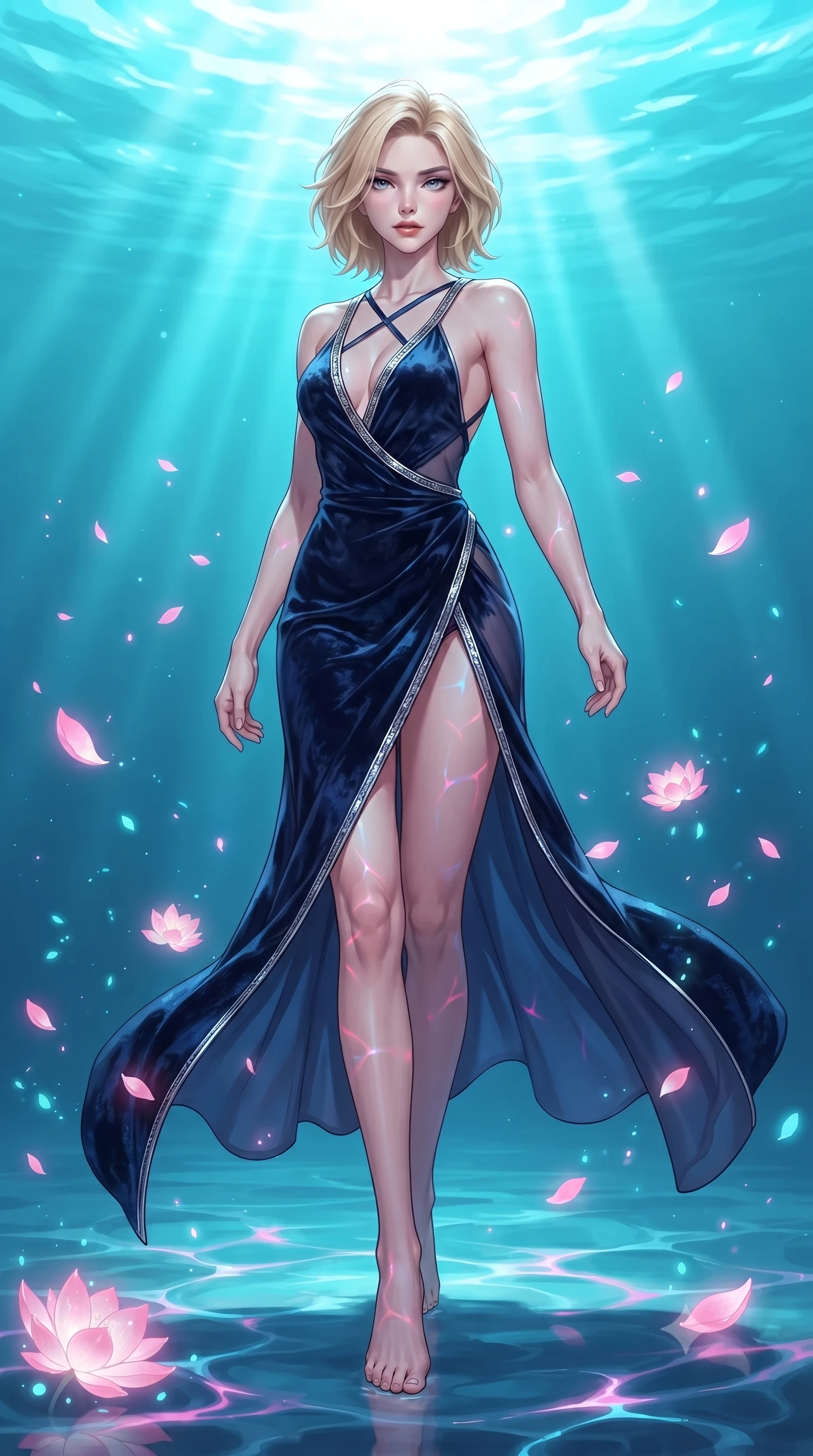 score_9, masterpiece, best quality, ultra-detailed, high-budget anime keyframe, editorial fashion photography, tasteful artistic composition, Caucasian woman. low angle full-body shot from head to toe showing her feet, filling the entire 9:16 vertical frame with her statuesque presence, stretching her vertical silhouette. stepping forward in a proud dynamic stride, her vertical silhouette filling the frame with statuesque presence while gliding dynamically over a mirror-like lagoon floor as neon ripples dance across her form, glowing pink lotus petals scattering soft bioluminescent spores around her silhouette. She has an absolutely perfect, statuesque 8.5-heads proportion, an exceptionally tall and slender model-like female figure with impossibly long slender legs and an ultra-slim waist. sharp v-shaped jawline, high-bridge nose, intricate jewel-like eyes with depth, thick eyelashes, glossy lips with a natural sheen, flawlessly proportioned anatomical accuracy, natural body alignment, perfectly sculpted elegant limbs, clean dynamic posture without body distortion. wearing a backless crushed velvet gown with a deep V-neckline and high thigh slit in midnight navy blue and chrome trim, woven from fine semi-opaque sheer organza, complemented by criss-cross back straps highlighting her bare shoulders, the glove-like fit emphasizing her statuesque silhouette during motion. bathed in brilliant underwater sunbursts and luminous turquoise caustic glow. ultra-reflective glossy finish, specular highlights, metallic sheen, high-contrast stereoscopic depth, volumetric dynamic lighting, 2k, ultra detail, master piece, 9:16 ratio