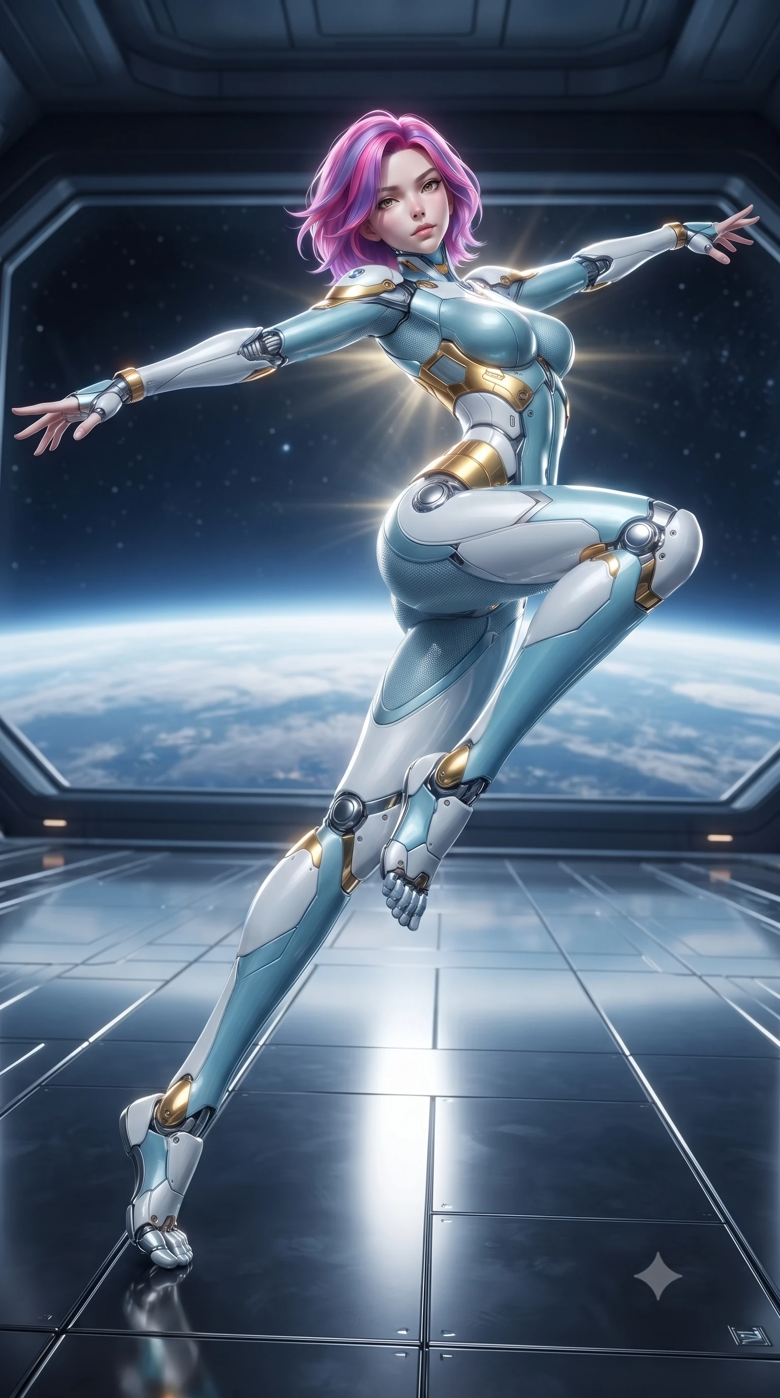 score_9, masterpiece, best quality, ultra-detailed, high-budget anime keyframe, editorial fashion photography, tasteful artistic composition, Caucasian woman. low angle full-body shot from head to toe showing her feet, filling the entire 9:16 vertical frame with her statuesque presence, stretching her vertical silhouette. pivoting dynamically in a high-speed low sweep kick along the reflective floor, her athletic torso and ultra-slim waist twisting in a fluid arc of power while arching her back gracefully in zero-gravity with arms outstretched in fluid kinetic tension as solar rays trace her torso. The surrounding environment is rendered in vivid detail and crisp panoramic clarity. sharp carbon armor joint seams, polished knuckle plate facets, and Earth's atmospheric haze in deep focus. She has an absolutely perfect, statuesque 8.5-heads proportion, an exceptionally tall and slender model-like female figure with impossibly long slender legs, a toned flat midriff, and an ultra-slim waist. sharp v-shaped jawline, high-bridge nose, intricate jewel-like eyes with depth, thick eyelashes, glossy lips with a natural sheen, flawlessly proportioned anatomical accuracy, strict slender model proportions, natural body alignment, perfectly sculpted long slender limbs, ultra-slim waistline, clean dynamic posture without body distortion. wearing an ultra-sleek glacial-cyan and white carbon-mesh combat bodysuit with frost-resistant kinetic shock-absorber plating in arctic white carbon composite with radiant solar gold plating, tailored from flexible second-skin carbon-mesh that clings flawlessly to her athletic curves, detailed with magnetic knuckle shock-absorbers and polished chrome articulation joints, the form-contouring material adhering flawlessly to her sculpted flat midriff and slender torso, emphasizing her long leg lines and perfectly proportioned willowy build. surrounded by an awe-inspiring, serene, and radiantly supreme celestial martial goddess aura. ultra-reflective glossy finish, specular highlights, dark metallic sheen, high-contrast stereoscopic depth, volumetric dynamic lighting, 2k, ultra detail, master piece, 9:16 ratio