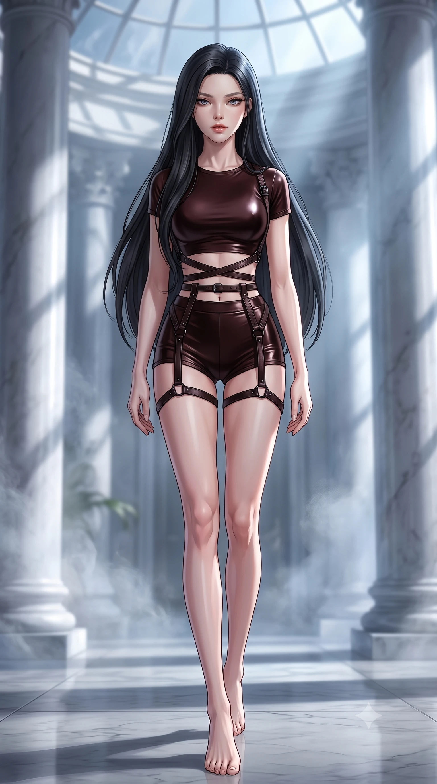 score_9, masterpiece, best quality, ultra-detailed, high-budget anime keyframe, editorial fashion photography, tasteful artistic composition, Korean woman. low angle full-body shot from head to toe showing her feet, filling the entire 9:16 vertical frame with her statuesque presence, stretching her vertical silhouette. stepping gracefully through the luxurious environment, stretching her statuesque silhouette, looking directly into the camera with a calm, magnetic self-assurance, alabaster columns framed by gentle water vapor in soft background focus. She has an absolutely perfect, statuesque 8.5-heads proportion, an exceptionally tall and slender model-like female figure with impossibly long slender legs and an ultra-slim waist. sharp v-shaped jawline, high-bridge nose, intricate jewel-like eyes with depth, thick eyelashes, glossy lips with a natural sheen. wearing high-cut micro-shorts and crop top set with dark leather harness in dark mahogany, made of liquid dark mercury jersey, adorned with minimalist black onyx hardware framing the silhouette, sculpting her athletic slender build with refined precision. illuminated by brilliant cold silver moonlight filtering through glass dome panes. highly saturated vibrant anime colors, detailed shading with soft gradients, rich glossy textures, high-contrast stereoscopic depth, volumetric dynamic lighting, master piece, 9:16 ratio