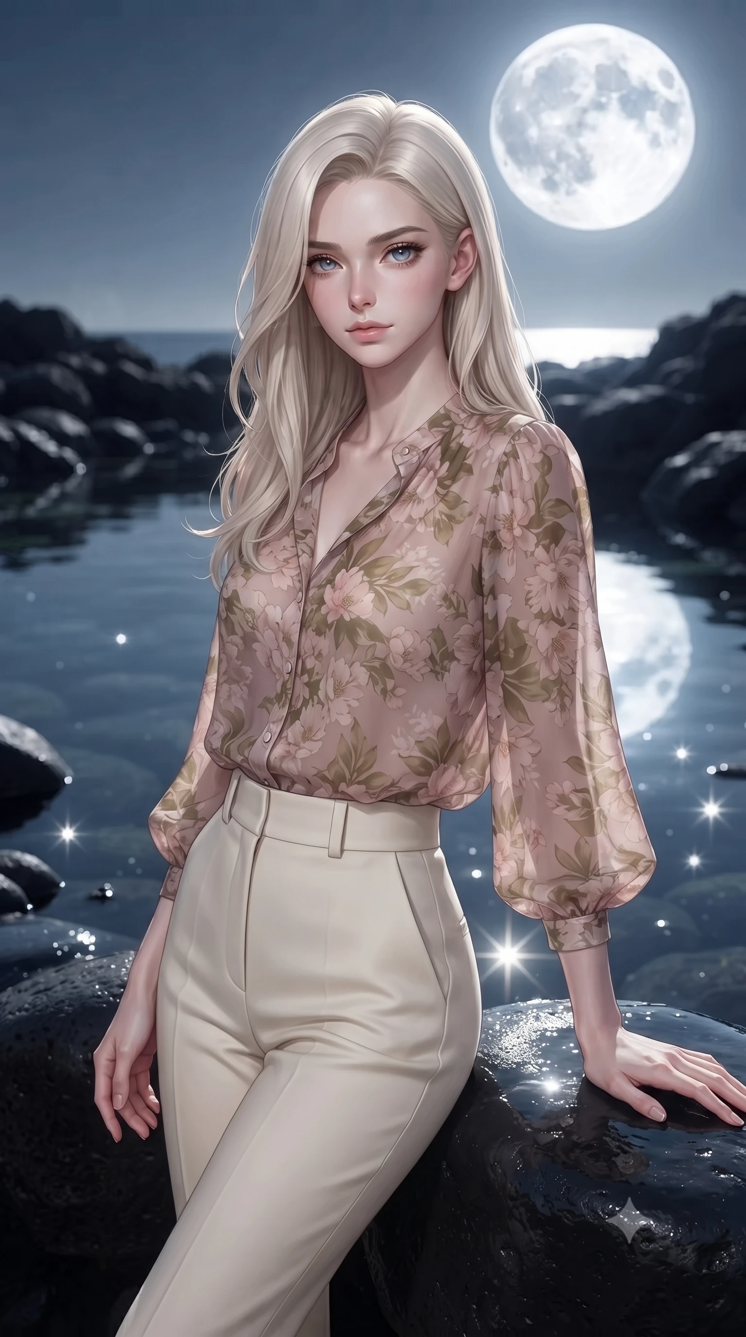 score_9, masterpiece, best quality, ultra-detailed, high-budget anime keyframe, editorial fashion photography, tasteful artistic composition, Caucasian woman, strictly human ears. close-up cowboy shot from the waist and thighs up, the character dominates the composition, filling the frame with her large presence, background elements kept in soft focus. Resting one arm elegantly against a surface with a poised relaxed stance. set against a soft-focus background of a natural volcanic rock pool that perfectly mirrors the enormous full moon hanging low above creating a double-moon illusion the gentle tide lapping at obsidian edges and star reflections shimmering in the dark water. She has an exceptionally elegant and slender, willowy female figure with an ultra-slim waist, a gracefully sculpted slender torso, and a refined slim physique. sharp v-shaped jawline, high-bridge nose, intricate jewel-like eyes with depth, thick eyelashes, glossy lips with a natural sheen. wearing a sheer floral-print chiffon blouse in soft pink and olive tones, paired with high-waisted cream trousers. pure brilliant silver moonlight from the enormous low moon creating sharp bright highlights on wet obsidian with the pool's mirror reflection doubling the moon's luminance. 2k, ultra detail, master piece, 9:16 ratio