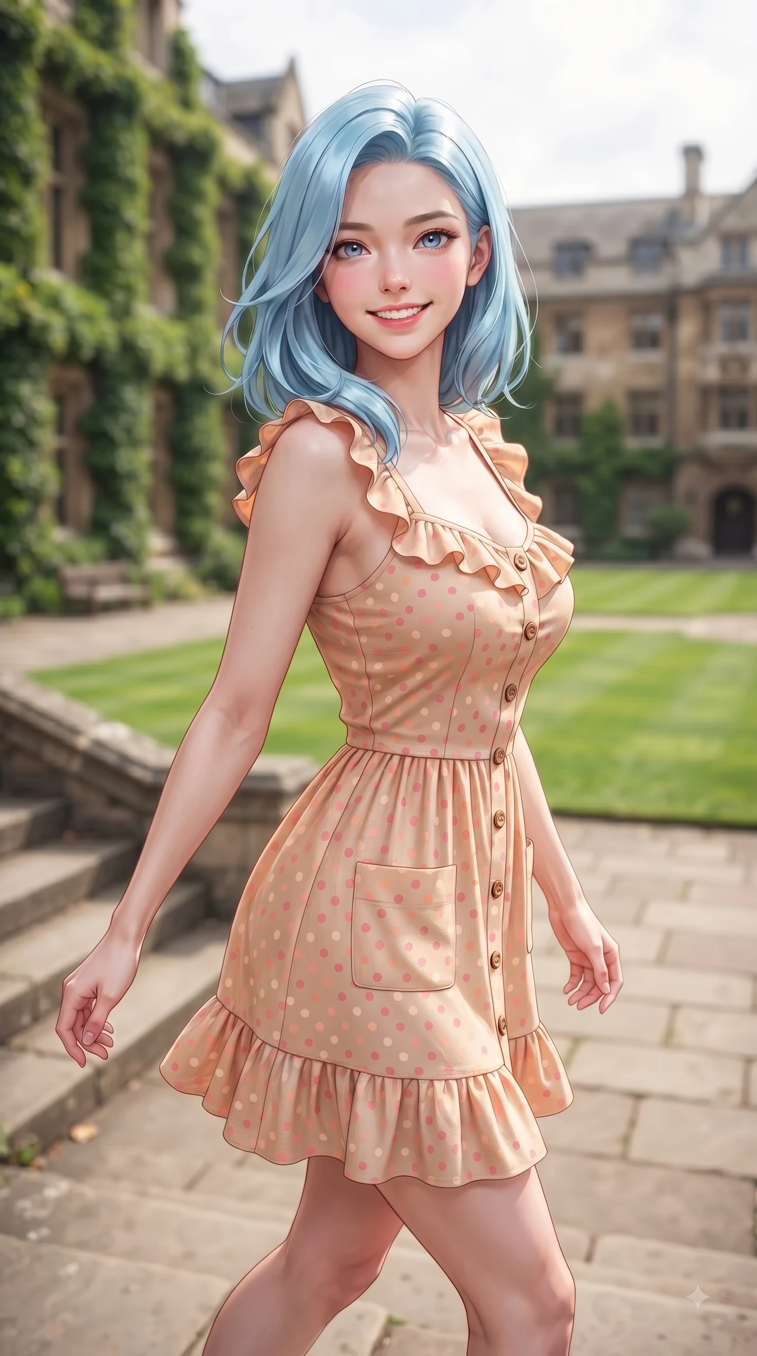 score_9, masterpiece, best quality, ultra-detailed, high-budget anime keyframe, editorial fashion photography, tasteful artistic composition, Korean woman. close-up cowboy shot from the waist and thighs up, the character dominates the composition, filling the frame with her large presence. Youthful bright smile exuding pure cute charm and fresh energy, her torso turning dynamically into the lens while pivoting dynamically on the stone steps of an ivy-draped academic hall with a radiant girlhood smile. The composition keeps background elements in soft focus with dreamy bokeh. lush green quad lawns and historical college buildings blurred in dreamy shallow focus. She has an exceptionally elegant, slender, and willowy female figure with an ultra-slim waist, a gracefully sculpted slender torso, and a refined silhouette. sharp v-shaped jawline, high-bridge nose, intricate jewel-like eyes with depth, thick eyelashes, glossy lips with a natural sheen, flawlessly proportioned anatomical accuracy, natural body alignment, perfectly sculpted elegant limbs, clean dynamic posture without body distortion. wearing a bright apricot ruffled sundress with a subtle polka-dot pattern in cherry blossom pink and soft beige, crafted from soft breathable linen, finished with neat front wooden buttons and pocket details, the relaxed yet flattering fit accentuating her naturally graceful and slender figure. surrounded by an uplifting, fresh, and youthful academic atmosphere. ultra-reflective glossy finish, specular highlights, metallic sheen, high-contrast stereoscopic depth, volumetric dynamic lighting, 2k, ultra detail, master piece, 9:16 ratio