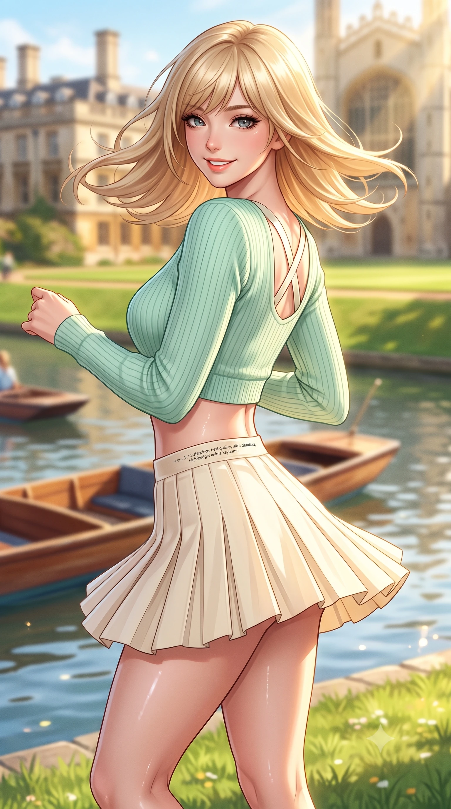 score_9, masterpiece, best quality, ultra-detailed, high-budget anime keyframe, semi-realistic 3D game render, editorial fashion photography, tasteful artistic composition, Japanese woman. close-up cowboy shot from the waist and thighs up, the character dominates the composition, filling the frame with her large presence. turning playfully with a bright confident smile, her glossy hair tossing in the breeze as her hips angle gracefully in a captivating contrapposto while standing poised on the sunlit riverbank lawn, twisting her slender torso in an alluring contrapposto stance as wooden punts glide past. The composition keeps background elements in soft focus with dreamy creamy bokeh. wooden punting boats and historic stone quads softened in nostalgic collegiate shallow focus. She has an exceptionally elegant, slender, and willowy female figure with an ultra-slim waist, flat toned midriff, narrow ribcage, and sculpted feminine hips creating an alluring, slim hourglass silhouette without bulk. sharp v-shaped jawline, high-bridge nose, intricate jewel-like sparkling eyes with depth, thick eyelashes, glossy parted lips with a natural peach sheen, bright cheerful beaming smile with an enchanting and coquettish sensual glint, exuding both youthful cute charm and seductive allure, flawlessly proportioned anatomical accuracy, strict slender model proportions, natural body alignment, perfectly sculpted long slender limbs, ultra-slim waistline, clean dynamic posture without body distortion. wearing a cropped pastel ribbed knit cardigan paired with an ultra-short high-waisted pleated tennis skirt clinging tightly to her curvy hips in refreshing mint green and soft vanilla cream, formed from supple second-skin stretch ribbed knit clinging to her form, finished with criss-cross back satin straps highlighting her graceful shoulder blades, the liquid-tight tailored fabric clinging flawlessly to her narrow waist and rounded feminine hips, emphasizing every millimeter of her sculpted slim hourglass curves without any bulky heaviness. illuminated by calm river water specular reflections accentuating her sculpted collarbones, ultra-slim waist, and curvy hips. highly saturated vibrant anime colors, detailed shading with soft gradients, rich glossy textures, high-contrast stereoscopic depth, volumetric dynamic lighting, master piece, 9:16 ratio