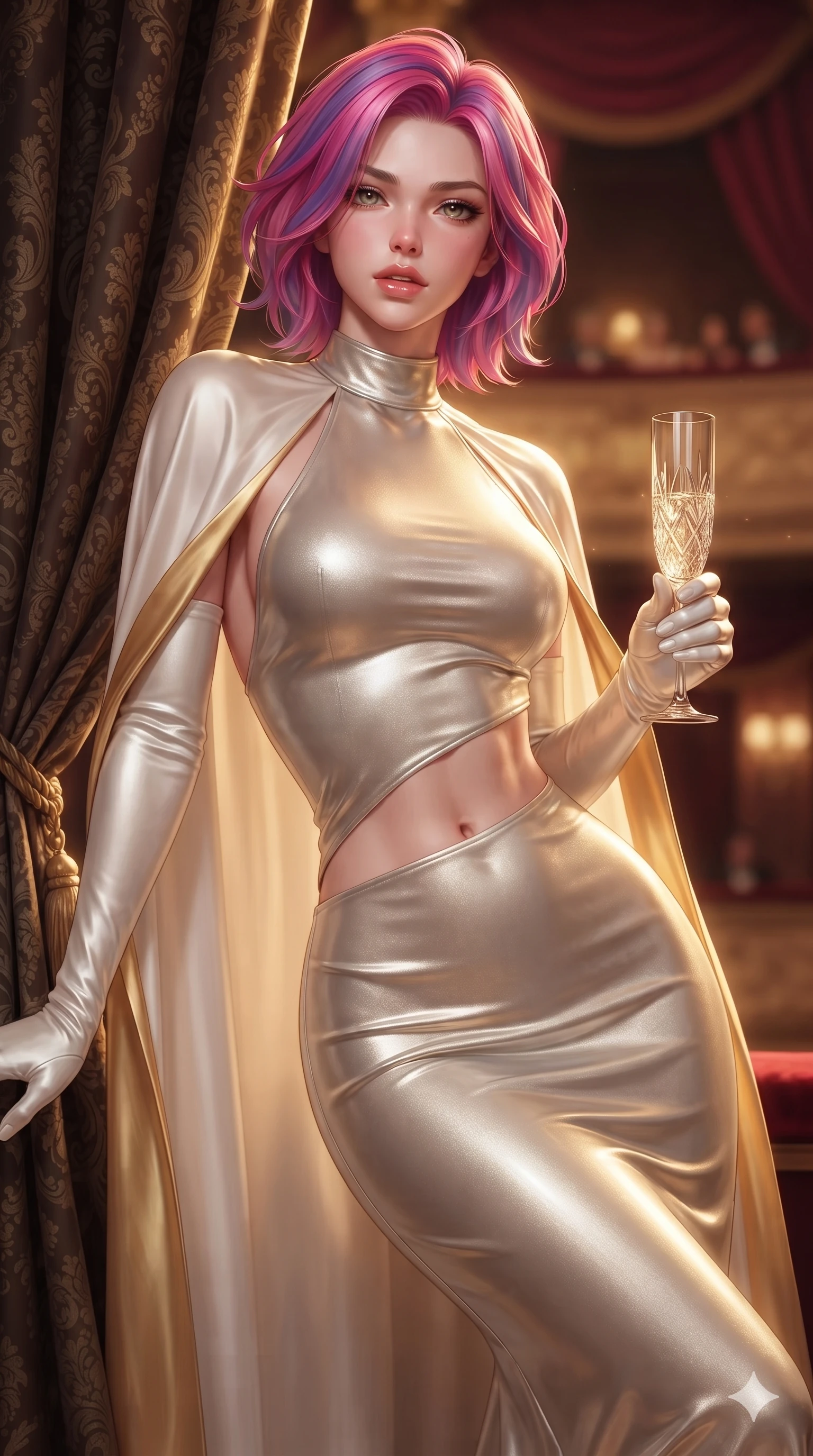 score_9, masterpiece, best quality, ultra-detailed, high-budget anime keyframe, semi-realistic 3D game render, editorial fashion photography, tasteful artistic composition, Caucasian woman. close-up cowboy shot from the waist and thighs up, the character dominates the composition, filling the frame with her large presence. leaning back with relaxed seductive grace, her sculpted collarbones and narrow waist highlighted as she casts smoldering bedroom-eyes directly into the camera while twisting her slender torso in an alluring S-curve beside heavy damask portieres, warm golden ambient light tracing her flat midriff and hourglass curves. The composition keeps background elements in soft focus with creamy bokeh: velvet-draped royal box ambience softened in private opera loge shallow focus. She has an exceptionally elegant, slender, and willowy female figure with an ultra-slim waist, flat toned midriff, narrow ribcage, and sculpted feminine hips creating an alluring, slim hourglass silhouette without bulk. sharp v-shaped jawline, high-bridge nose, intricate jewel-like eyes with depth, thick eyelashes, glossy parted lips with a natural sheen, intensely captivating and seductive bedroom-eyes expression, flawlessly proportioned anatomical accuracy, strict slender model proportions, natural body alignment, perfectly sculpted long slender limbs, ultra-slim waistline, clean dynamic posture without body distortion. wearing an elegant backless metallic lamé evening gown with a high jewel neckline and flowing silk capelet in pure alabaster white and sun-kissed gold, crafted from fluid liquid silk satin that clings smoothly to her narrow waist and rounded hips with a dewy sheen, accessorized with opera-length satin gloves and a vintage crystal glass, the glove-like clinging cut tightly following the natural contour of her hips and long slender legs with youthful 8.5-heads elegance. illuminated by gilded wood reflection bounce and sharp starlight-gold rim lights defining her jawline, narrow waist, and curvy hips. highly saturated vibrant anime colors, detailed shading with soft gradients, rich glossy textures, high-contrast stereoscopic depth, volumetric dynamic lighting, master piece, 9:16 ratio