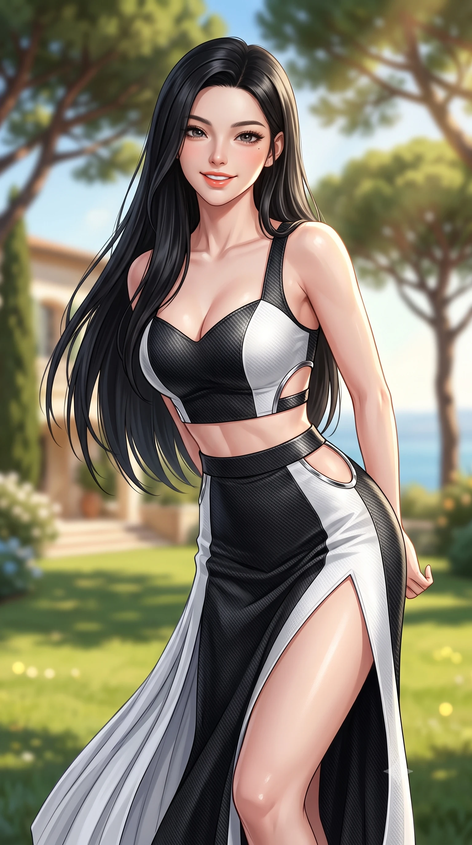 score_9, masterpiece, best quality, ultra-detailed, high-budget anime keyframe, semi-realistic 3D game render, editorial fashion photography, tasteful artistic composition, Korean woman. close-up cowboy shot from the waist and thighs up, the character dominates the composition, filling the frame with her large presence. resting both hands lightly behind her back while leaning toward the lens with a cheerful, teasing grin, her form-fitting athletic suit hugging her narrow waist and hip curve while twisting her slender torso in an alluring contrapposto stance among maritime pines, coastal breezes fluttering her pleated tennis skirt. The background shows a soft-focus soaring umbrella pine canopies, sunlit Mediterranean polo lawns, and coastal villas blurred into olive green, champagne, and azure bokeh. She has an exceptionally elegant, slender, and willowy female figure with an ultra-slim waist, flat toned midriff, narrow ribcage, and sculpted feminine hips creating an alluring, slim hourglass silhouette without bulk. sharp v-shaped jawline, high-bridge nose, sparkling eyes with athletic focus and depth, thick curled eyelashes, glossy parted lips with a natural coral-peach sheen, bright confident and coquettish smile with alluring bedroom-eyes, exuding both youthful sporty vigor and sovereign high-society glamour, flawlessly proportioned anatomical accuracy, strict slender model proportions, natural body alignment, perfectly sculpted long slender limbs, ultra-slim waistline, clean dynamic posture without body distortion. wearing a sweetheart-neckline athletic tennis bustier top paired with a curve-hugging high-slit track maxi skirt in dual-tone high-contrast racing monochrome, tailored from lightweight aerodynamic carbon-fiber composite with structured weave, finished with sharp laser-cut side ventilation cutouts framed by chrome rings, the high-waisted wrap tailoring accentuating her ultra-slim waistline and the enchanting curve of her feminine hips with alluring sporty charm. bathed in horizontal late-afternoon golden hour sunbeams filtering through pine needles. highly saturated vibrant anime colors, detailed shading with soft gradients, rich glossy textures, high-contrast stereoscopic depth, volumetric dynamic lighting, master piece, 9:16 ratio