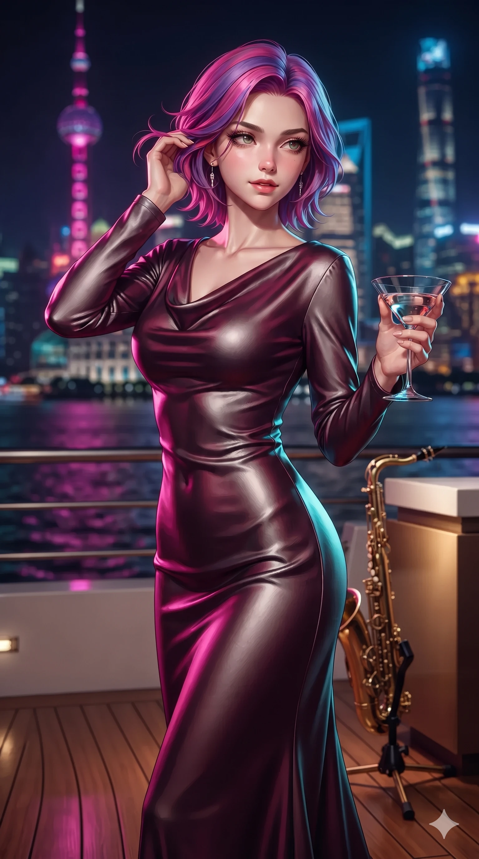 score_9, masterpiece, best quality, ultra-detailed, high-budget anime keyframe, editorial fashion photography, tasteful artistic composition, Caucasian woman. close-up cowboy shot from the waist and thighs up, the character dominates the composition, filling the frame with her large presence. gently brushing a lock of hair behind her ear while casting a playful, flirtatious side-gaze with long eyelashes while standing poised on the polished teak terrace beside a vintage brass saxophone stand, twisting her slender torso in an alluring S-curve while holding a cocktail glass as river breezes whip her dress. The surrounding environment is rendered in vivid detail and crisp panoramic clarity: rich high-contrast Shanghai modern noir chiaroscuro and ultra-luxury Oriental grand touring aesthetics in precision. She has an exceptionally elegant, slender, and willowy female figure with an ultra-slim waist, flat toned midriff, narrow ribcage, and sculpted feminine hips creating an alluring, slim hourglass silhouette without bulk. sharp v-shaped jawline, high-bridge nose, intricate jewel-like sparkling eyes with depth, thick eyelashes, glossy parted lips with a natural sheen, intensely captivating and seductive bedroom-eyes expression, exuding both youthful cute charm and sovereign luxury allure, flawlessly proportioned anatomical accuracy, strict slender model proportions, natural body alignment, perfectly sculpted long slender limbs, ultra-slim waistline, clean dynamic posture without body distortion. wearing a modest long-sleeve cowl-neck satin column gown draping gracefully to the floor with aristocratic poise in deep wine burgundy and brushed dark platinum, tailored from heavy double-faced silk georgette with an exceptionally fluid drape, complemented by strappy stiletto sandals with metallic ankle wraps accentuating her slender calves, the bespoke structured tailoring following the natural line of her 8.5-heads silhouette with refined elegance. bathed in vibrant magenta and electric cyan river skyline reflections contrasting with warm amber interior downlights. ultra-reflective glossy finish, specular highlights, rich textural contrasts, high-contrast stereoscopic depth, volumetric dynamic lighting, 2k, ultra detail, master piece, 9:16 ratio