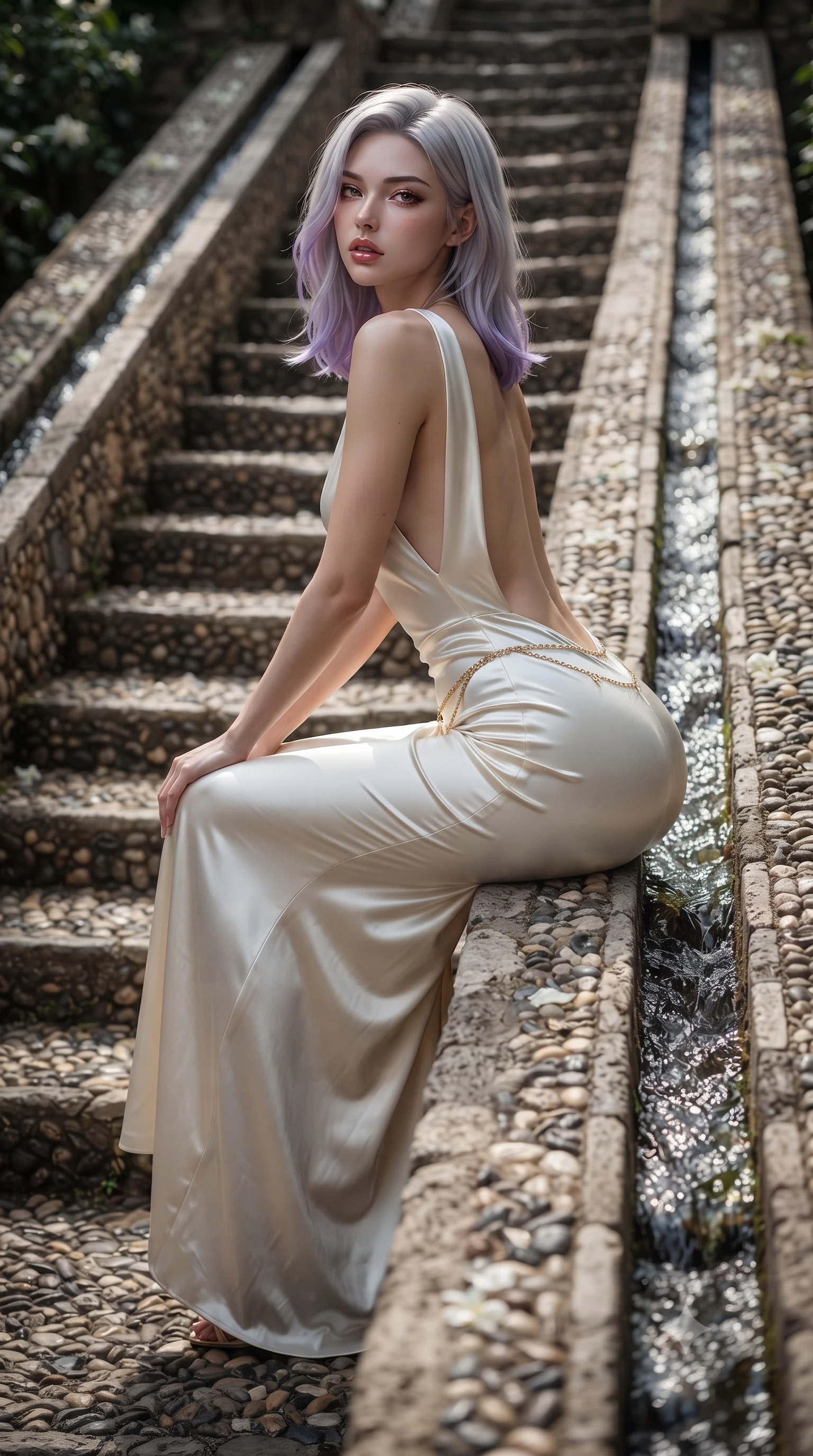 score_9, masterpiece, best quality, ultra-detailed, high-budget anime keyframe, editorial fashion photography, tasteful artistic composition, Caucasian woman. low angle full-body shot from head to toe showing her feet, filling the entire 9:16 vertical frame with her statuesque presence, stretching her vertical silhouette. sitting perched on the elevated edge with hips angled toward the camera and legs crossed, displaying her toned midriff and flawlessly sculpted slender limbs while descending the ancient stone staircase with channels of mountain water flowing through the handrails, arching her back with sovereign supermodel grace. The surrounding environment is rendered in vivid detail and crisp panoramic clarity. sharp water surface ripples in carved stone channels, weathered pebble mosaic steps, and jasmine petal venation in deep focus. She has an exceptionally tall and slender model-like 8.5-heads proportion, an ultra-slim waist, a flat toned midriff, narrow delicate ribcage, and beautifully sculpted feminine hips creating a graceful, slim hourglass silhouette without any bulky heaviness, with impossibly long slender legs. sharp v-shaped jawline, high-bridge nose, intricate jewel-like eyes with depth, thick eyelashes, glossy parted lips with a natural sheen, intensely captivating and seductive bedroom-eyes expression, flawlessly proportioned anatomical accuracy, strict slender model proportions, natural body alignment, perfectly sculpted long slender limbs, ultra-slim waistline, clean dynamic posture without body distortion. wearing a liquid-silk jersey evening gown with an ultra-deep plunging open back descending to the base of her spine and a sculpted hip-hugging skirt in pure alabaster white and sun-kissed gold, tailored from ultra-smooth duchess satin with a pearlescent sheen, accented with a delicate gold chain belt resting loosely on her curvy hips, the second-skin form-contouring cut accentuating her sculpted flat midriff, narrow delicate ribcage, and gracefully curvy hips with supermodel precision. illuminated by cool water surface specular reflections sharply defining her razor-sharp jawline, narrow waist, and curvy hips. ultra-reflective glossy finish, specular highlights, rich textural contrasts, high-contrast stereoscopic depth, volumetric dynamic lighting, 2k, ultra detail, master piece, 9:16 ratio