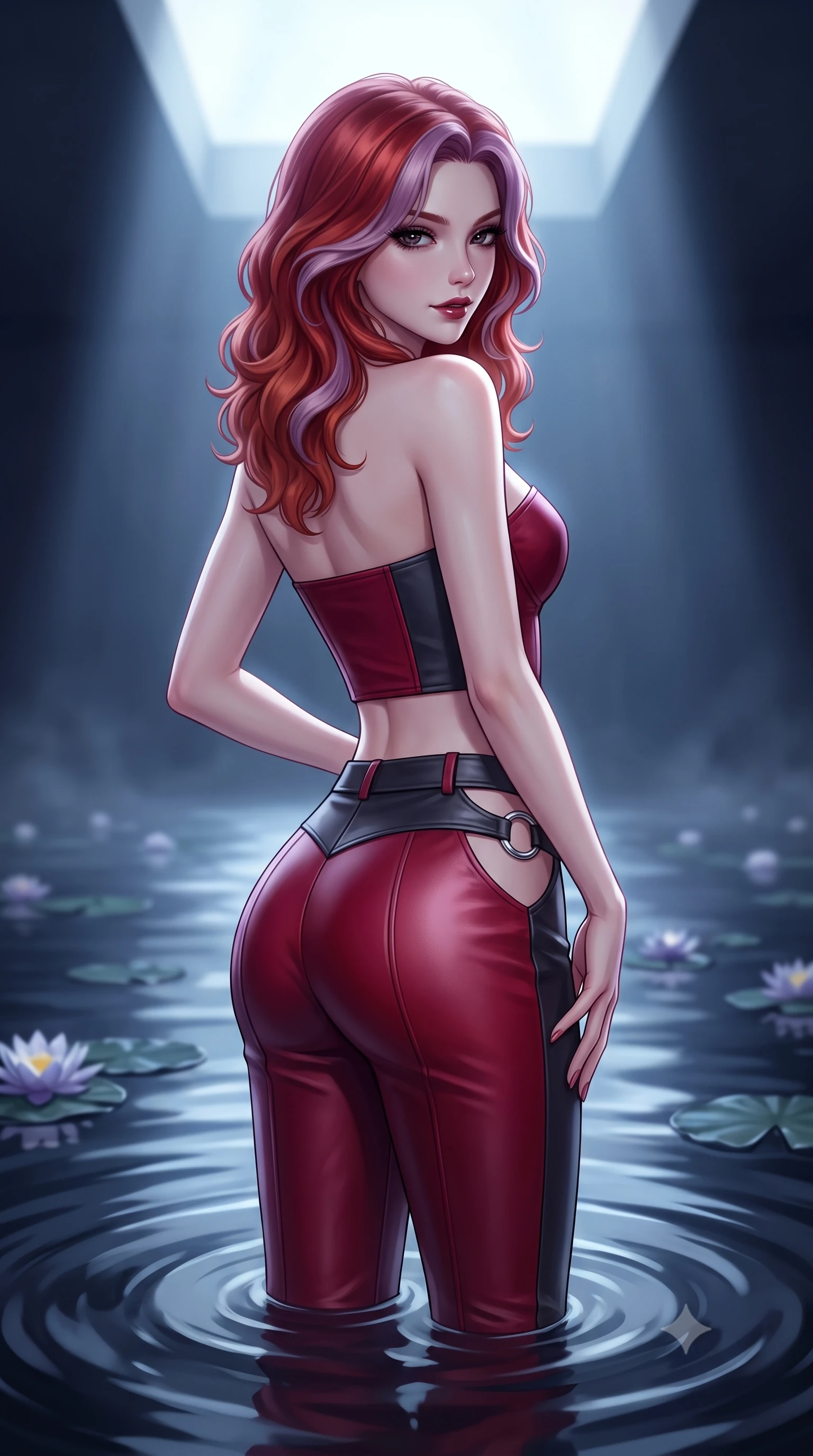 score_9, masterpiece, best quality, ultra-detailed, high-budget anime keyframe, semi-realistic 3D game render, editorial fashion photography, tasteful artistic composition, Caucasian woman. close-up cowboy shot from the waist and thighs up, the character dominates the composition, filling the frame with her large presence. posing in an alluring rear three-quarter angle, turning over a bare shoulder with an intoxicating, smoldering gaze, her hips cocked back to highlight her slim hourglass curve while standing poised in the center of the shallow reflection basin with hips cocked back, casting an ethereal, dangerous bedroom-gaze toward the camera. The composition keeps background elements in soft focus with dreamy creamy bokeh. mirror-like dark water ripples and floating nocturnal water lilies softened in architectural minimalist shallow focus. She has an exceptionally elegant, slender, and willowy female figure with an ultra-slim waist, flat toned midriff, narrow ribcage, and sculpted feminine hips creating an alluring, slim hourglass silhouette without bulk. sharp v-shaped jawline, high-bridge nose, intricate jewel-like dark sparkling eyes with dangerous depth, thick curled eyelashes, glossy parted lips with a rich wine sheen, smoldering seductive half-smile with bedroom-eyes, exuding effortless superiority and intoxicating dark allure, flawlessly proportioned anatomical accuracy, strict slender model proportions, natural body alignment, perfectly sculpted long slender limbs, ultra-slim waistline, clean dynamic posture without body distortion. wearing a cropped structured bodice top paired with ultra-fitted high-waisted leather trousers tracing her hips in ruby crimson and muted shadow black, made of supple butter-soft lambskin leather with a subtle satin sheen, accented with sculptural chrome hardware rings framing the subtle cutouts, the liquid-tight tailored fabric clinging flawlessly to her narrow waist and rounded feminine hips, emphasizing every millimeter of her sculpted slim hourglass curves without any bulky heaviness. bathed in cold silvery moonlight filtered from a dramatic high skylight opening. highly saturated vibrant anime colors, detailed shading with soft gradients, rich glossy textures, high-contrast stereoscopic depth, volumetric dynamic lighting, master piece, 9:16 ratio