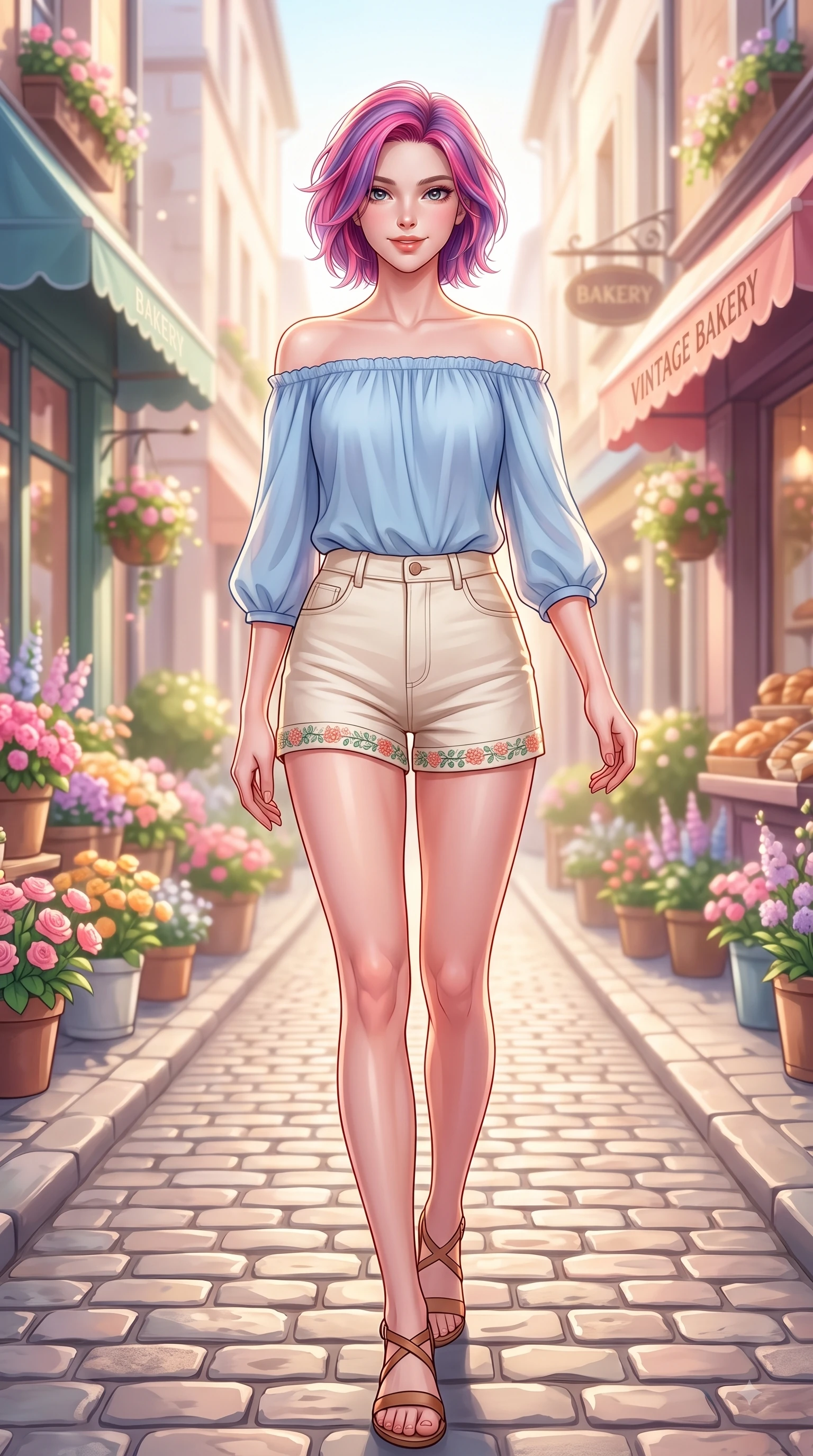 score_9, masterpiece, best quality, ultra-detailed, high-budget anime keyframe, editorial fashion photography, tasteful artistic composition, Caucasian woman. low angle full-body shot from head to toe showing her feet, filling the entire 9:16 vertical frame with her statuesque presence, stretching her vertical silhouette. stepping forward gracefully in mid-motion with a delighted cute expression, displaying her statuesque model proportions while walking dynamically down a cobblestone European-style street lined with blooming spring flower shops. The composition keeps background elements in soft focus with dreamy bokeh. pastel flower displays and vintage bakery awnings shimmering softly in creamy background bokeh. She has an absolutely perfect, statuesque 8.5-heads proportion, an exceptionally tall and slender model-like female figure with impossibly long slender legs and an ultra-slim waist. sharp v-shaped jawline, high-bridge nose, intricate jewel-like eyes with depth, thick eyelashes, glossy lips with a natural sheen, flawlessly proportioned anatomical accuracy, natural body alignment, perfectly sculpted elegant limbs, clean dynamic posture without body distortion. wearing a light blue off-shoulder chiffon blouse paired with tailored ivory shorts in warm apricot and sage green, made of comfortable premium stretch denim and soft jersey, complemented by delicate embroidered floral trim along the hem, the chic real-way fashion cut emphasizing her effortless charm. bathed in brilliant morning sunshine and warm pastel flower shop ambient glow. highly saturated vibrant anime colors, detailed shading with soft gradients, rich glossy textures, high-contrast stereoscopic depth, volumetric dynamic lighting, master piece, 9:16 ratio