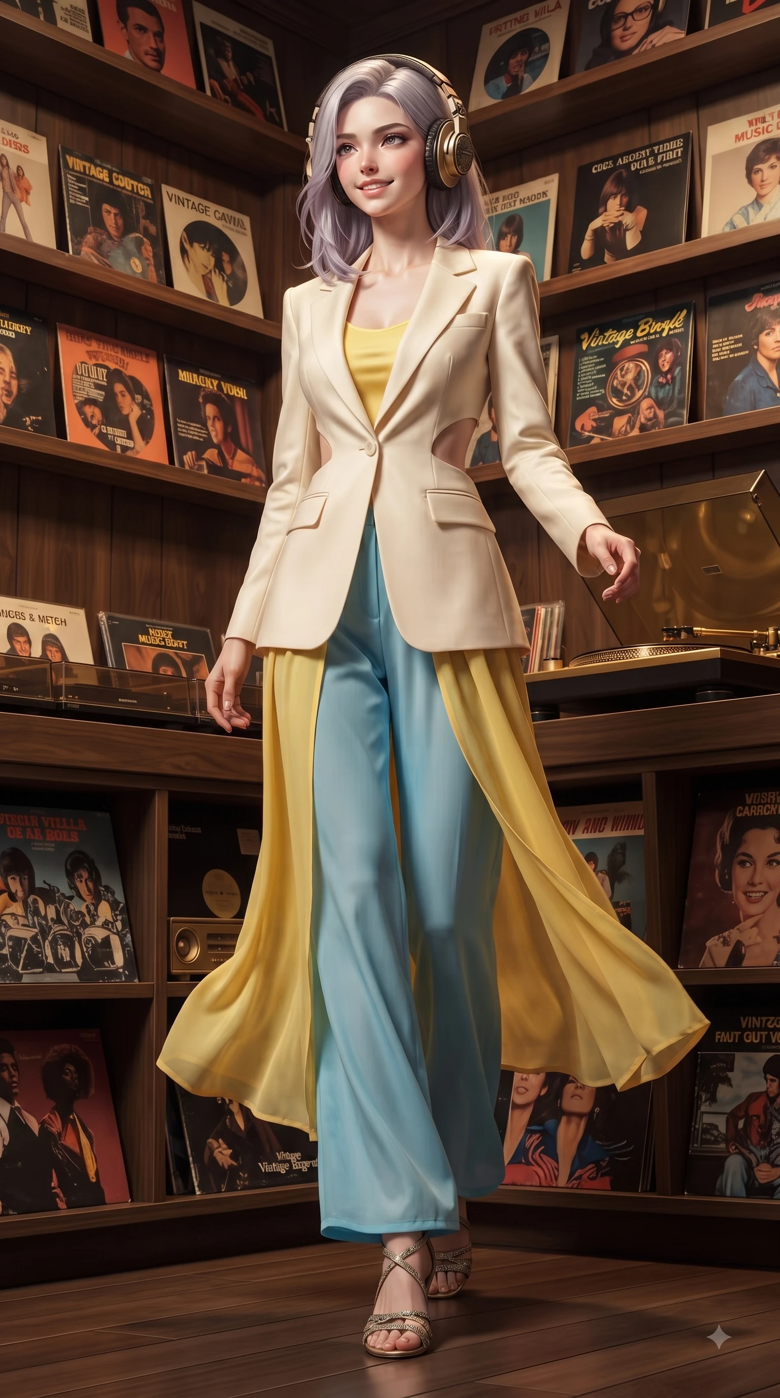 score_9, masterpiece, best quality, ultra-detailed, high-budget anime keyframe, editorial fashion photography, tasteful artistic composition, Caucasian woman. low angle full-body shot from head to toe showing her feet, filling the entire 9:16 vertical frame with her statuesque presence, stretching her vertical silhouette. stepping forward gracefully in mid-motion with a delighted cute expression, displaying her statuesque model proportions while sitting at a wooden counter wearing vintage headphones with a joyful, relaxed smile. The surrounding environment is rendered in vivid detail and crisp panoramic clarity. vintage vinyl album covers, wooden shelving, and brass turntable details in crisp clarity. She has an absolutely perfect, statuesque 8.5-heads proportion, an exceptionally tall and slender model-like female figure with impossibly long slender legs and an ultra-slim waist. sharp v-shaped jawline, high-bridge nose, intricate jewel-like eyes with depth, thick eyelashes, glossy lips with a natural sheen, flawlessly proportioned anatomical accuracy, natural body alignment, perfectly sculpted elegant limbs, clean dynamic posture without body distortion. wearing a tailored cream silk blazer over a fitted scoop-neck camisole and slacks in sunny canary yellow and clear sky blue, crafted from lightweight fluid chiffon, complemented by clean architectural cutouts along her slender torso, the sleek second-skin texture accentuating her magnetic presence. surrounded by a nostalgic, warm, and intimate retro music atmosphere. ultra-reflective glossy finish, specular highlights, metallic sheen, high-contrast stereoscopic depth, volumetric dynamic lighting, 2k, ultra detail, master piece, 9:16 ratio