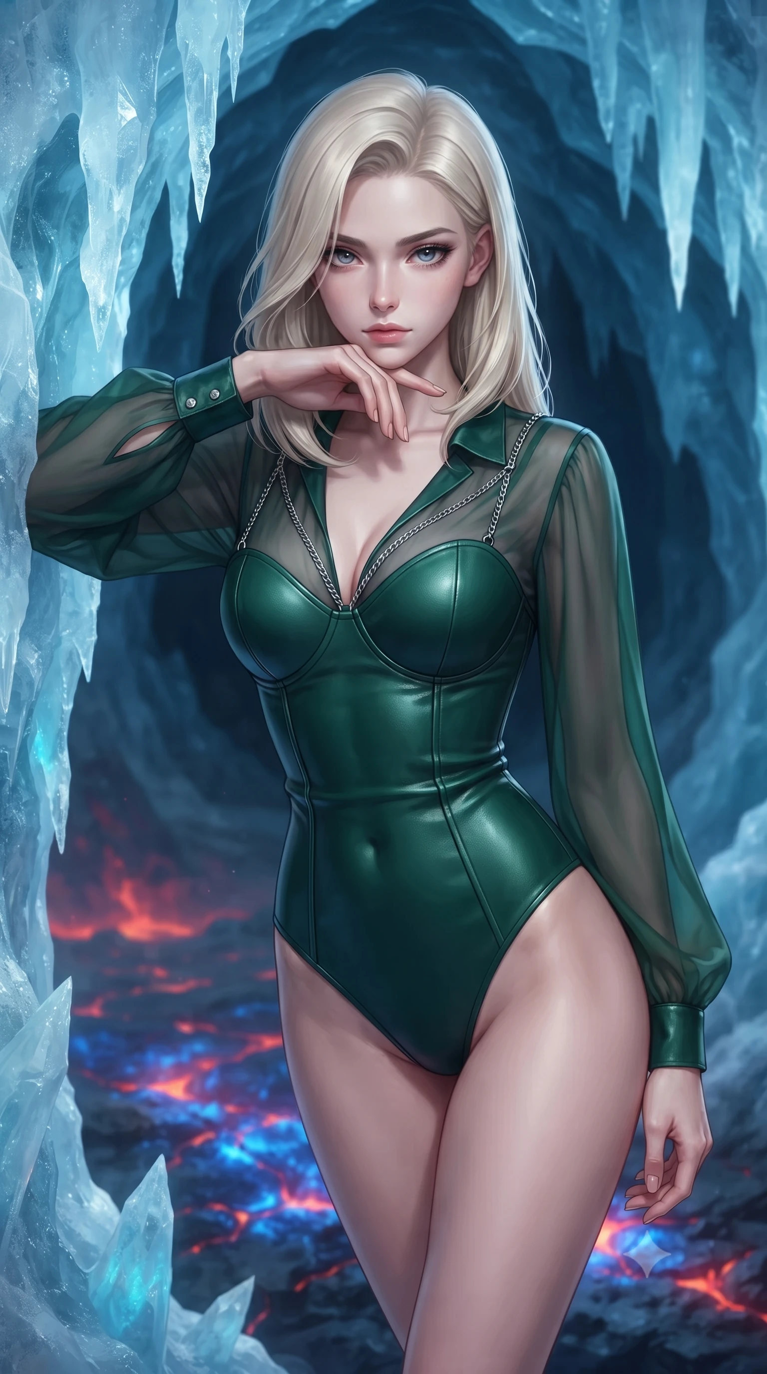 score_9, masterpiece, best quality, ultra-detailed, high-budget anime keyframe, editorial fashion photography, tasteful artistic composition, Caucasian woman. close-up cowboy shot from the waist and thighs up, the character dominates the composition, filling the frame with her large presence, background elements kept in soft focus. Resting her chin on the backs of her fingers, casting a sharp, mysterious gaze resting near an ice cave entrance as subterranean cobalt flames pulse below, striking contrast of sub-zero blue ice crystals and hot cobalt blue magma. She has an exceptionally elegant, slender, and willowy female figure with an ultra-slim waist, a gracefully sculpted slender torso, and a refined silhouette. sharp v-shaped jawline, high-bridge nose, intricate jewel-like eyes with depth, thick eyelashes, glossy lips with a natural sheen. wearing a tailored leather bustier over a sheer silk chiffon blouse in deep emerald green and silver accent, formed from sleek second-skin neoprene, adorned with delicate metallic chain straps along the neckline, the sleek second-skin texture accentuating her magnetic presence. surrounded by an extraordinary elemental clash radiance. highly saturated vibrant anime colors, detailed shading with soft gradients, rich glossy textures, high-contrast stereoscopic depth, volumetric dynamic lighting, master piece, 9:16 ratio