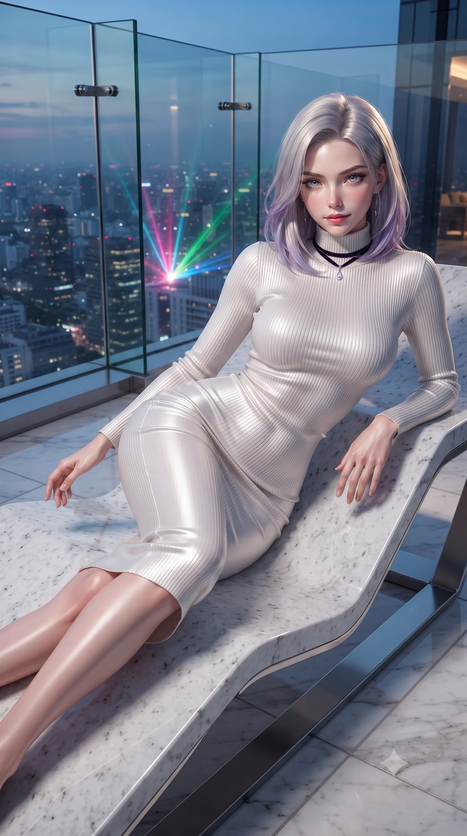 score_9, masterpiece, best quality, ultra-detailed, high-budget anime keyframe, editorial fashion photography, tasteful artistic composition, Caucasian woman. close-up cowboy shot from the waist and thighs up, the character dominates the composition, filling the frame with her large presence. leaning forward while arching her lower back to accentuate her curvy hips, looking into the camera with an intoxicating smoldering gaze and bedroom-eyes while lounging in the modern sculptured sunbed propped on one elbow with legs extended, displaying her long slender limbs and statuesque hourglass silhouette against the metropolis. The surrounding environment is rendered in vivid detail and crisp panoramic clarity: sharp structural glass corner bevels, polished white granite floor joints, and stainless steel expansion joint hardware in deep focus. She has an exceptionally elegant, slender, and willowy female figure with an ultra-slim waist, flat toned midriff, narrow ribcage, and sculpted feminine hips creating an alluring, slim hourglass silhouette without bulk. sharp v-shaped jawline, high-bridge nose, intricate jewel-like sparkling eyes with depth, thick eyelashes, glossy parted lips with a natural peach sheen, bright cheerful beaming smile with an enchanting and coquettish sensual glint, exuding both youthful cute charm and seductive allure, flawlessly proportioned anatomical accuracy, strict slender model proportions, natural body alignment, perfectly sculpted long slender limbs, ultra-slim waistline, clean dynamic posture without body distortion. wearing a form-fitting ribbed knit midi dress with high turtleneck hugging every contour of her hourglass frame in pure translucent crystal white and liquid platinum, crafted from fluid liquid silk satin that clings smoothly to her narrow waist and rounded hips with a dewy sheen, finished with a thin velvet ribbon choker and a single teardrop diamond pendant, the liquid-tight tailored fabric clinging flawlessly to her narrow waist and rounded feminine hips, emphasizing every millimeter of her sculpted slim hourglass curves without any bulky heaviness. bathed in the dynamic multi-colored ambient of the illuminated bay lasers contrasted with warm 2900K recessed deck cove downlights. ultra-reflective glossy finish, specular highlights, rich textural contrasts, high-contrast stereoscopic depth, volumetric dynamic lighting, 2k, ultra detail, master piece, 9:16 ratio