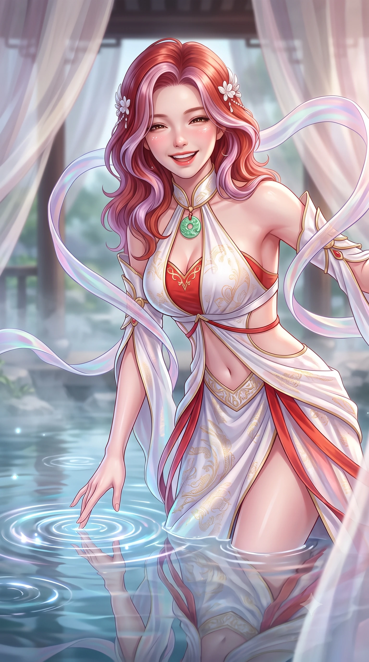 score_9, masterpiece, best quality, ultra-detailed, high-budget anime keyframe, semi-realistic 3D game render, editorial fashion photography, tasteful artistic composition, Caucasian woman. close-up cowboy shot from the waist and thighs up, the character dominates the composition, filling the frame with her large presence. laughing softly with genuine, enchanting warmth, eyes crinkling sweetly as specular highlights illuminate her cheeks while dipping her fingertips playfully into the crystal pond, sending luminescent ripple rings spreading through the water. The composition keeps background elements in soft focus with creamy bokeh. billowing silk pavilion drapes and water mist layers softened in dreamy atmospheric depth of field. She has an exceptionally elegant, slender, and willowy female figure with an ultra-slim waist, a gracefully sculpted slender torso, toned flat midriff, and a refined slim silhouette. sharp v-shaped jawline, high-bridge nose, intricate jewel-like eyes with depth, thick eyelashes, glossy lips with a natural sheen, captivating and magnetic expression, flawlessly proportioned anatomical accuracy, strict slender model proportions, natural body alignment, perfectly sculpted long slender limbs, ultra-slim waistline, clean dynamic posture without body distortion. wearing a zero-gravity celestial dancer gown with cascading iridescent ribbons and bare back harness in pure snow white and vermilion red, woven from lightweight fluid silk brocade with woven gold thread, accented with mother-of-pearl hair ornaments and a carved jade pendant, the precision-cut daring openings accentuating her delicate midriff, graceful bare collarbones, and ultra-slim feminine waistline. illuminated by gentle ambient water bounce light defining her flawless features and slender waist. highly saturated vibrant anime colors, detailed shading with soft gradients, rich glossy textures, high-contrast stereoscopic depth, volumetric dynamic lighting, master piece, 9:16 ratio