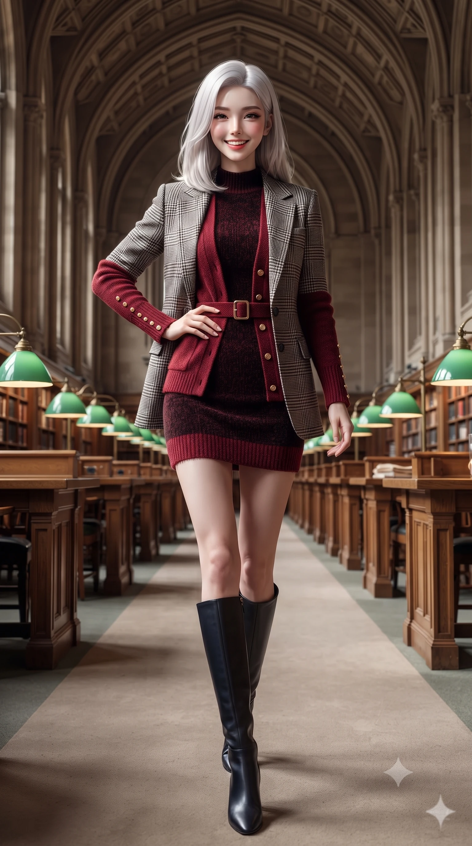 score_9, masterpiece, best quality, ultra-detailed, high-budget anime keyframe, editorial fashion photography, tasteful artistic composition, Korean woman. low angle full-body shot from head to toe showing her feet, filling the entire 9:16 vertical frame with her statuesque presence, stretching her vertical silhouette. walking briskly with tall supermodel strides, one hand placed on her narrow hip, her impossibly long slender legs commanding the frame while walking slowly down the grand vaulted central aisle between green banker desk lamps, turning with effortless aristocratic grace. The surrounding environment is rendered in vivid detail and crisp panoramic clarity: detailed bespoke Prince of Wales check blazer tailoring, horn button textures, and historic Oxford architecture in razor-sharp precision. She has an exceptionally tall and slender model-like 8.5-heads proportion, an ultra-slim waist, a flat toned midriff, narrow delicate ribcage, and beautifully sculpted feminine hips creating a graceful, slim hourglass silhouette without any bulky heaviness, with impossibly long slender legs. sharp v-shaped jawline, high-bridge nose, intricate jewel-like sparkling eyes with depth, thick eyelashes, glossy parted lips with a natural peach sheen, bright cheerful beaming smile with an enchanting and coquettish sensual glint, exuding both youthful cute charm and seductive allure, flawlessly proportioned anatomical accuracy, strict slender model proportions, natural body alignment, perfectly sculpted long slender limbs, ultra-slim waistline, clean dynamic posture without body distortion. wearing a form-fitting plush chenille knit bodycon dress hugging her torso and hips, layered with a belted open wool cardigan in Kyoto autumn maple crimson and deep ink black, tailored from premium double-knit ponte with sleek sculpting hold and smooth contours, accented with delicate gold button studs trailing down the snug sleeve cuffs, the body-conscious tailored knit hugging her sculpted torso and curvaceous hips in a seamless, fluid line that highlights her statuesque model proportions. illuminated by oak bookshelf reflection fill and soft champagne-gold rim lights defining her razor-sharp jawline and elegant tailored silhouette. ultra-reflective glossy finish, specular highlights, rich textural contrasts, high-contrast stereoscopic depth, volumetric dynamic lighting, 2k, ultra detail, master piece, 9:16 ratio