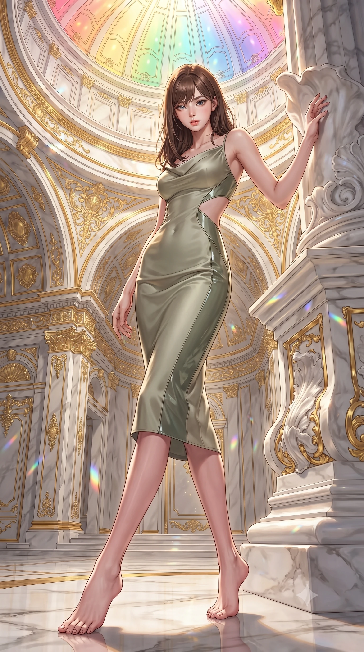 score_9, masterpiece, best quality, ultra-detailed, high-budget anime keyframe, editorial fashion photography, tasteful artistic composition, Korean woman. low angle full-body shot from head to toe showing her feet, filling the entire 9:16 vertical frame with her statuesque presence, stretching her vertical silhouette. forging dynamically through the scene, her vertical silhouette beautifully stretched resting against a sculpted white marble pillar under a rainbow dome, golden filigree details on the architecture shining with brilliant luster. She has an absolutely perfect, statuesque 8.5-heads proportion, an exceptionally tall and slender model-like female figure with impossibly long slender legs and an ultra-slim waist. sharp v-shaped jawline, high-bridge nose, intricate jewel-like eyes with depth, thick eyelashes, glossy lips with a natural sheen. wearing an elegant cowl-neck satin midi dress with a draped neckline in sage green and oatmeal, tailored from high-gloss patent leather, featuring clean architectural cutouts along her slender torso, the elegant draped fit framing her graceful clavicle and slender torso. illuminated by a warm golden key light and brilliant multi-color rim light. highly saturated vibrant anime colors, detailed shading with soft gradients, rich glossy textures, high-contrast stereoscopic depth, volumetric dynamic lighting, master piece, 9:16 ratio