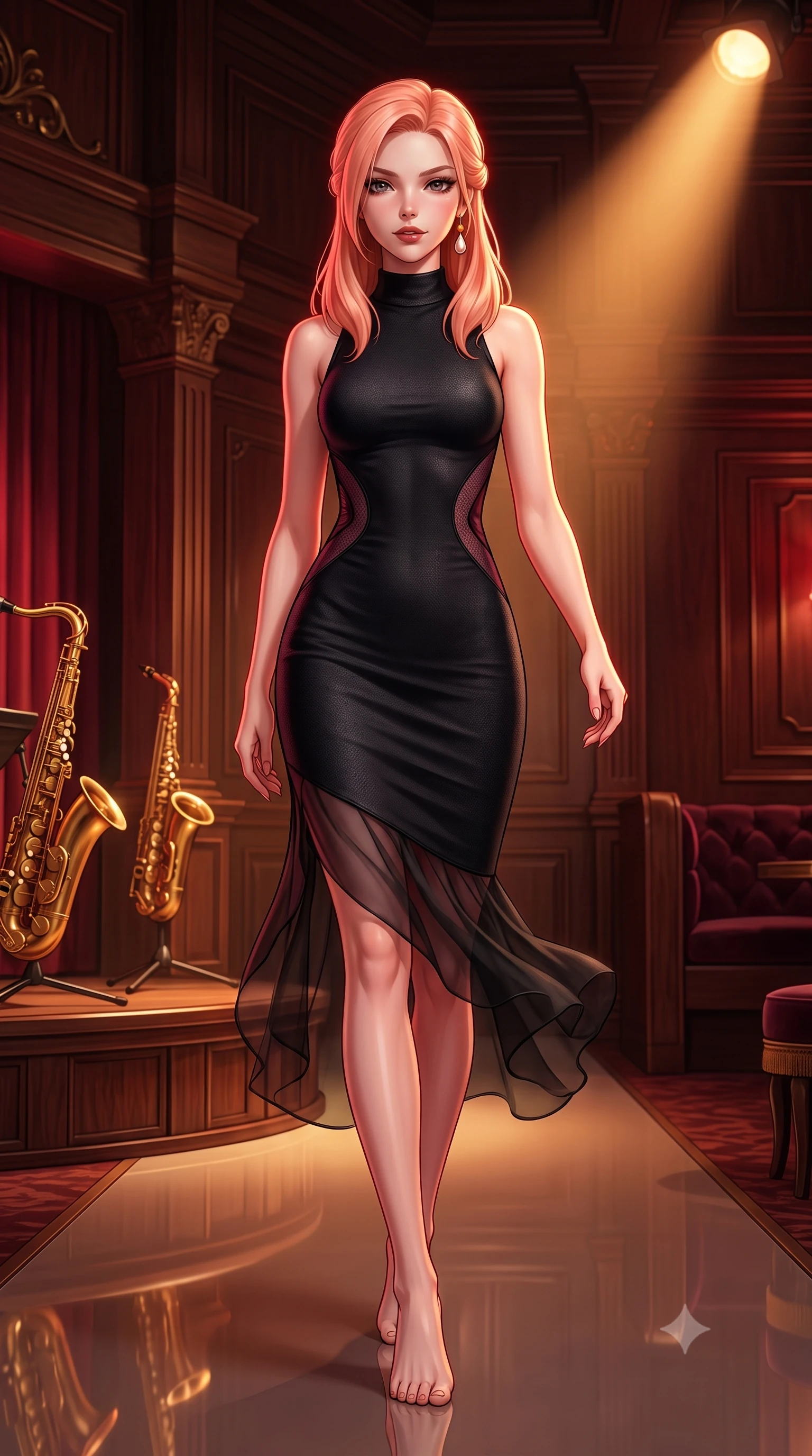 score_9, masterpiece, best quality, ultra-detailed, high-budget anime keyframe, semi-realistic 3D game render, editorial fashion photography, tasteful artistic composition, Japanese woman. low angle full-body shot from head to toe showing her feet, filling the entire 9:16 vertical frame with her statuesque presence, stretching her vertical silhouette. striding forward gracefully across the reflective floor with sovereign supermodel poise, hips swaying in an alluring kinetic rhythm that accentuates her curvy hourglass silhouette and long slender legs while twisting her slender torso in an alluring contrapposto stance near the brass saxophone stage, her dark glamorous outfit clinging to her curvy hips and flat midriff. The surrounding environment is rendered in vivid detail and crisp panoramic clarity. detailed velvet plush texture, delicate jewelry shimmer, and speakeasy bar woodwork clarity in high resolution. She has an exceptionally tall and slender model-like 8.5-heads proportion, an ultra-slim waist, a flat toned midriff, narrow delicate ribcage, and beautifully sculpted feminine hips creating a graceful, slim hourglass silhouette without any bulky heaviness, with impossibly long slender legs. sharp v-shaped jawline, high-bridge nose, intricate jewel-like dark sparkling eyes with dangerous depth, thick curled eyelashes, glossy parted lips with a rich wine sheen, smoldering seductive half-smile with bedroom-eyes, exuding effortless superiority and intoxicating dark allure, flawlessly proportioned anatomical accuracy, strict slender model proportions, natural body alignment, perfectly sculpted long slender limbs, ultra-slim waistline, clean dynamic posture without body distortion. wearing a high-neck sleeveless bodycon dress in textured matte obsidian with side-torso semi-sheer mesh inserts in deep wine burgundy and lustrous obsidian, crafted from layered gossamer black organza with weightless, smoky flutter, accented with a single dangling baroque pearl earring reflecting the amber glow, the glove-like silhouette tightly following the natural contour of her hips and long slender legs with youthful 8.5-heads elegance. illuminated by a single warm amber spotlight and rich crimson rim light sculpting her sculpted collarbones, narrow waist, and feminine hips. highly saturated vibrant anime colors, detailed shading with soft gradients, rich glossy textures, high-contrast stereoscopic depth, volumetric dynamic lighting, master piece, 9:16 ratio