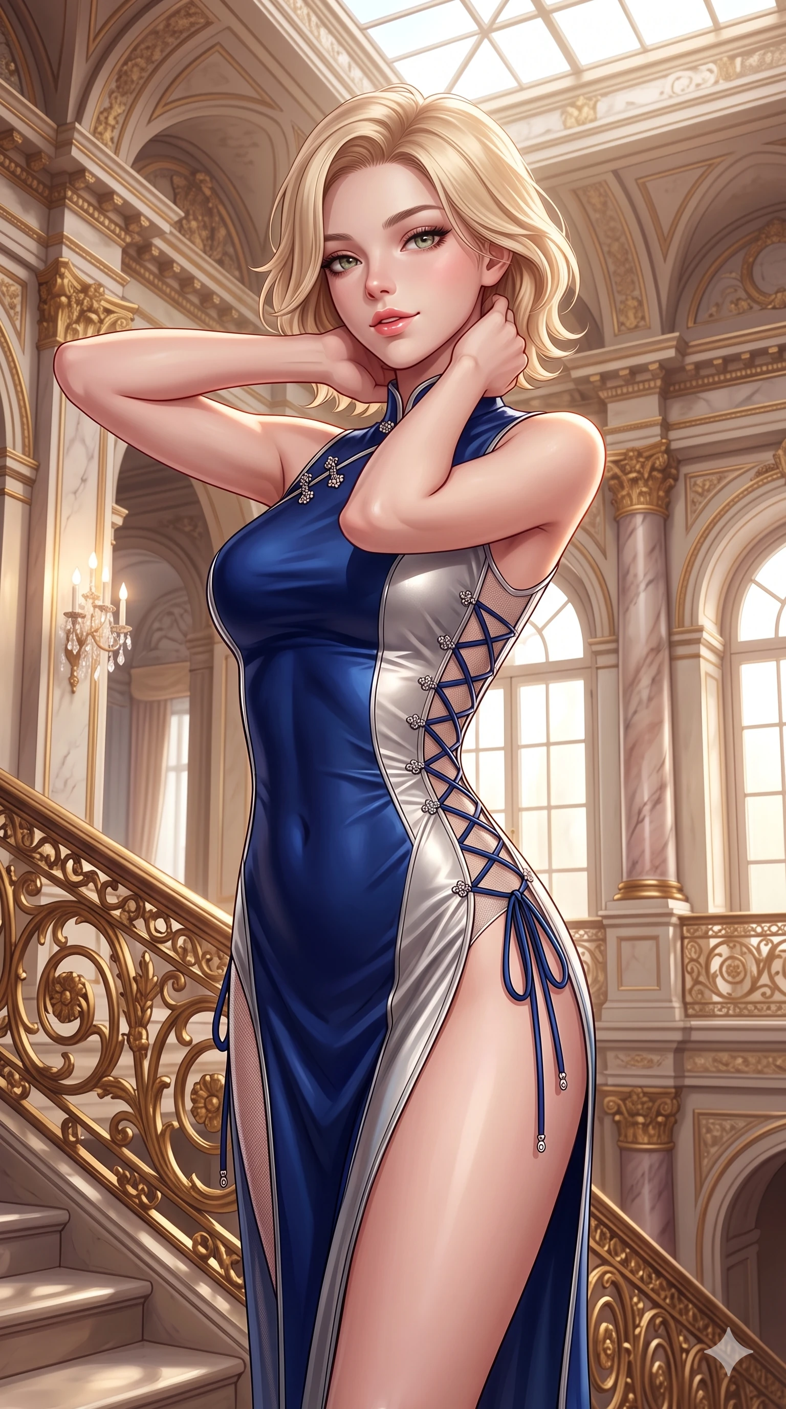 score_9, masterpiece, best quality, ultra-detailed, high-budget anime keyframe, semi-realistic 3D game render, editorial fashion photography, tasteful artistic composition, Caucasian woman. close-up cowboy shot from the waist and thighs up, the character dominates the composition, filling the frame with her large presence. resting both hands lightly behind her neck with elbows raised, arching her spine to highlight her narrow waist, flat midriff, and breathtaking collarbones while twisting her slender torso in an alluring S-curve while holding the gilded filigree banister, flashing an intoxicating smile with parted glossy lips. The surrounding environment is rendered in vivid detail and crisp panoramic clarity: intricate second-skin silk jersey tailoring, sheer side mesh panels, and monumental neoclassical architecture in razor-sharp clarity. She has an exceptionally elegant, slender, and willowy female figure with an ultra-slim waist, flat toned midriff, narrow ribcage, and sculpted feminine hips creating an alluring, slim hourglass silhouette without bulk. sharp v-shaped jawline, high-bridge nose, intricate jewel-like sparkling eyes with depth, thick eyelashes, glossy parted lips with a natural sheen, intensely captivating and seductive bedroom-eyes expression, exuding both youthful cute charm and sovereign luxury allure, flawlessly proportioned anatomical accuracy, strict slender model proportions, natural body alignment, perfectly sculpted long slender limbs, ultra-slim waistline, clean dynamic posture without body distortion. wearing an alluring high-slit wrap cheongsam secured by miniature jeweled clasps and revealing the curve of her hip in midnight sapphire blue and liquid platinum, woven from buttery-soft stretch lambskin leather adhering to her body like a second skin, featuring fine criss-cross lace-up side ties revealing tantalizing glimpses of her hip curve, the high-slit wrap tailoring accentuating her ultra-slim waistline and the enchanting curve of her feminine hips with alluring seductive charm. bathed in the warm luminous glow of crystal wall sconces and grand overhead skylights filtering soft diffuse daylight. highly saturated vibrant anime colors, detailed shading with soft gradients, rich glossy textures, high-contrast stereoscopic depth, volumetric dynamic lighting, master piece, 9:16 ratio