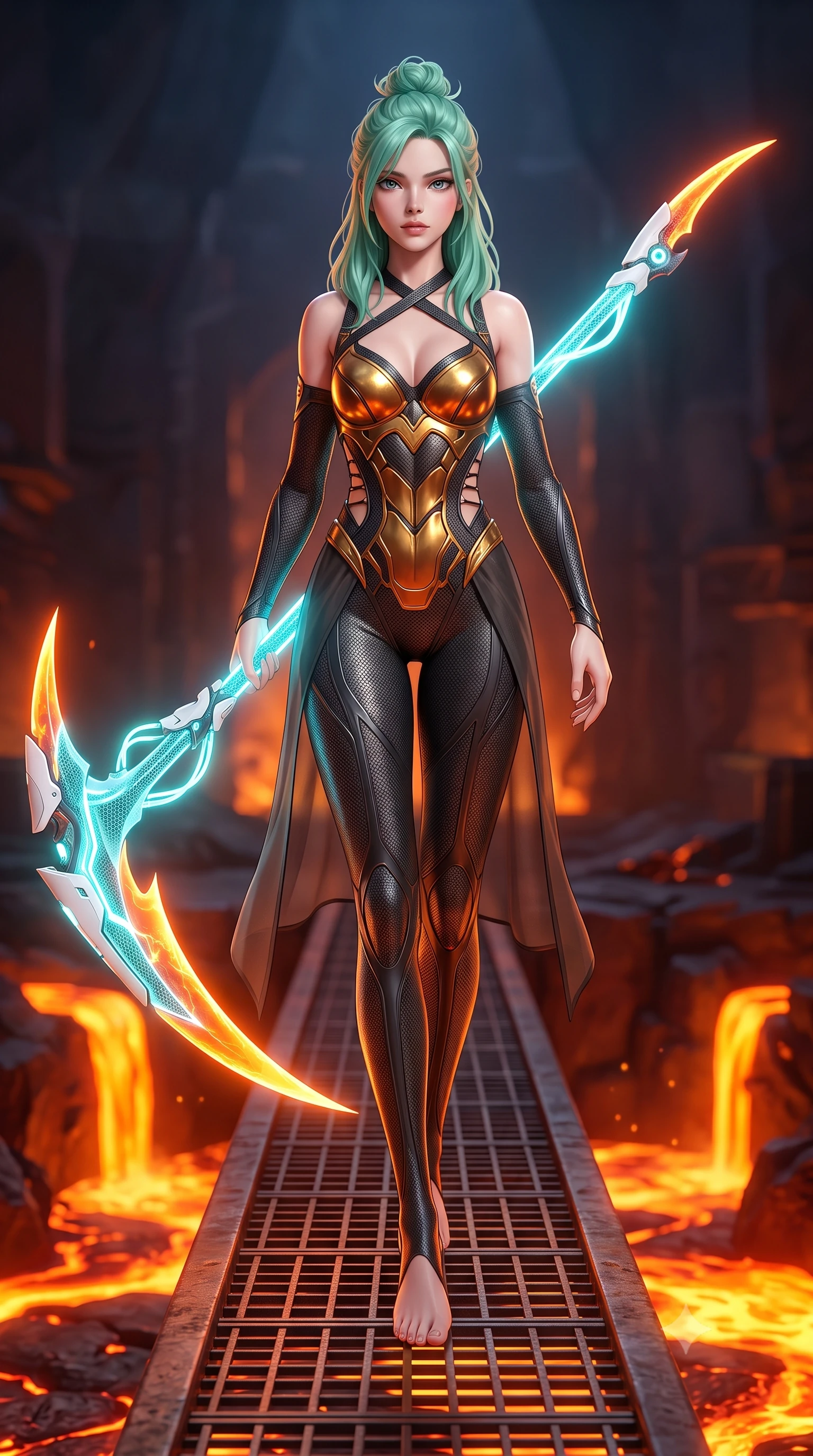 score_9, masterpiece, best quality, ultra-detailed, high-budget anime keyframe, semi-realistic 3D game render, editorial fashion photography, tasteful artistic composition, Japanese woman. low angle full-body shot from head to toe showing her feet, filling the entire 9:16 vertical frame with her statuesque presence, stretching her vertical silhouette. performing an alluring mid-air combat landing with flawless poise, looking directly into the camera with regal, deadly intensity while stepping along a narrow steel bridge overlooking the volcanic forge with commanding, sovereign grace. The surrounding environment is rendered in vivid detail and crisp panoramic clarity. razor-sharp molten plasma scythe blade curvature, glowing energy conduits along the staff, and iron grating in deep focus. She has an absolutely perfect, statuesque 8.5-heads proportion, an exceptionally tall and slender model-like female figure with impossibly long slender legs, a toned flat midriff, and an ultra-slim waist. sharp v-shaped jawline, high-bridge nose, intricate jewel-like eyes with depth, thick eyelashes, glossy lips with a natural sheen, flawlessly proportioned anatomical accuracy, strict slender model proportions, natural body alignment, perfectly sculpted long slender limbs, ultra-slim waistline, clean dynamic posture without body distortion. wearing a sculpted molten-gold and dark carbon cuirass paired with high-mobility combat leggings and sheer side drapes, wielding a glowing plasma energy scythe with fluid grace in glacial ice-cyan carbon mesh with pure white armor plates, tailored from flexible second-skin carbon-mesh that clings flawlessly to her athletic curves, complemented by criss-cross back harness straps highlighting her completely bare spine, the liquid-tight tailored fabric emphasizing every curve of her tall, slender model proportions and sculptured silhouette during dynamic movement. bathed in blazing orange magma uplights and intense molten plasma scythe glow. rich saturated anime colors with glowing neon highlights, detailed shading with soft gradients, rich glossy textures, high-contrast stereoscopic depth, volumetric dynamic lighting, master piece, 9:16 ratio