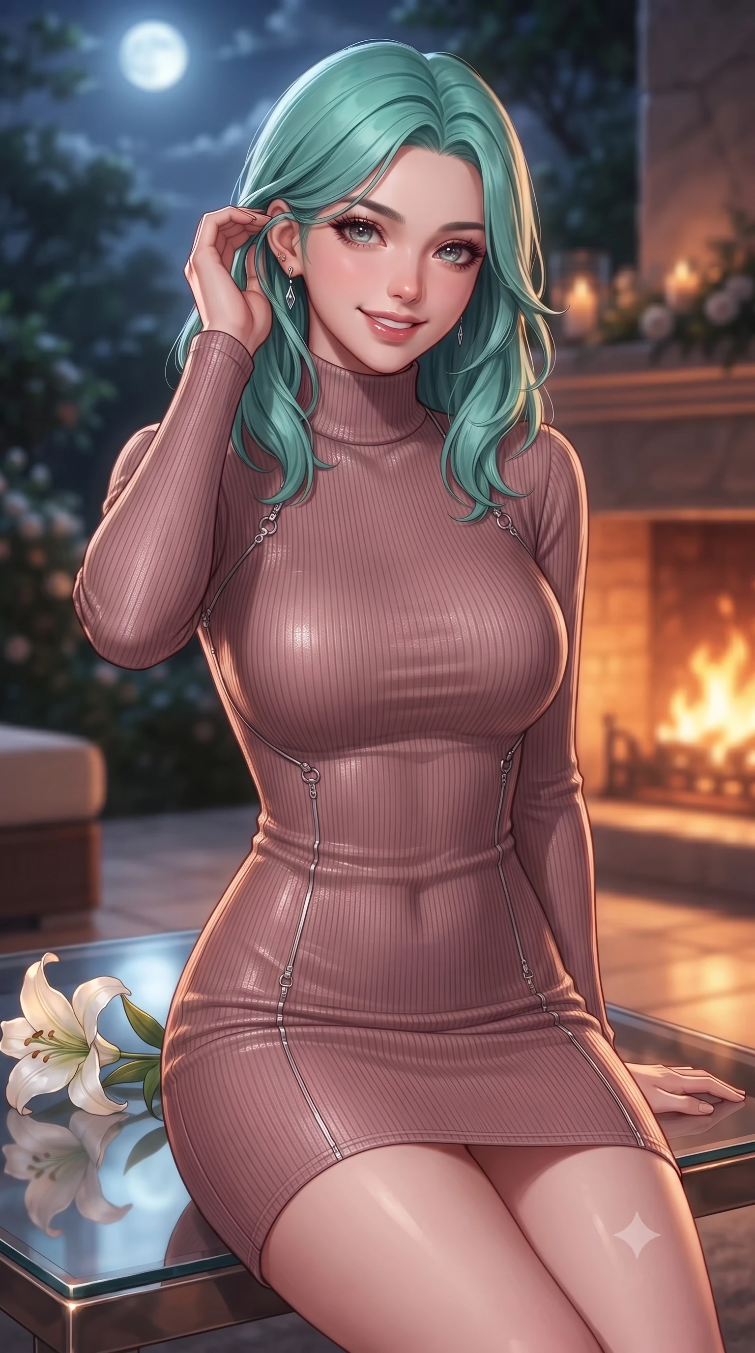 score_9, masterpiece, best quality, ultra-detailed, high-budget anime keyframe, editorial fashion photography, tasteful artistic composition, Japanese woman. close-up cowboy shot from the waist and thighs up, the character dominates the composition, filling the frame with her large presence, background elements kept in soft focus. flashing a warm, intoxicating grin while gently tucking a strand of hair behind her ear set against a soft-focus background of inside an exclusive moonlit garden terrace with a single long-stemmed white lily resting against a polished glass surface. She has an exceptionally elegant, slender, and willowy female figure with an ultra-slim waist, a gracefully sculpted slender torso, and a refined silhouette. sharp v-shaped jawline, high-bridge nose, intricate jewel-like eyes with depth, thick eyelashes, glossy lips with a natural sheen. wearing slim-fit dusty rose contouring mesh form-fitting ribbed knit turtleneck dress outlining her slender silhouette accented with delicate silver hardware. bathed in cozy, flickering fireplace light that paints the room in a warm orange wash. ultra-reflective glossy finish, specular highlights, metallic sheen, high-contrast stereoscopic depth, volumetric dynamic lighting, 2k, ultra detail, master piece, 9:16 ratio