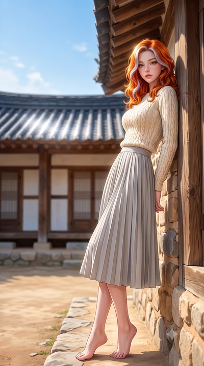 score_9, masterpiece, best quality, ultra-detailed, high-budget anime keyframe, editorial fashion photography, tasteful artistic composition, Caucasian woman woman. low angle full-body shot from head to toe showing her feet, filling the entire 9:16 v