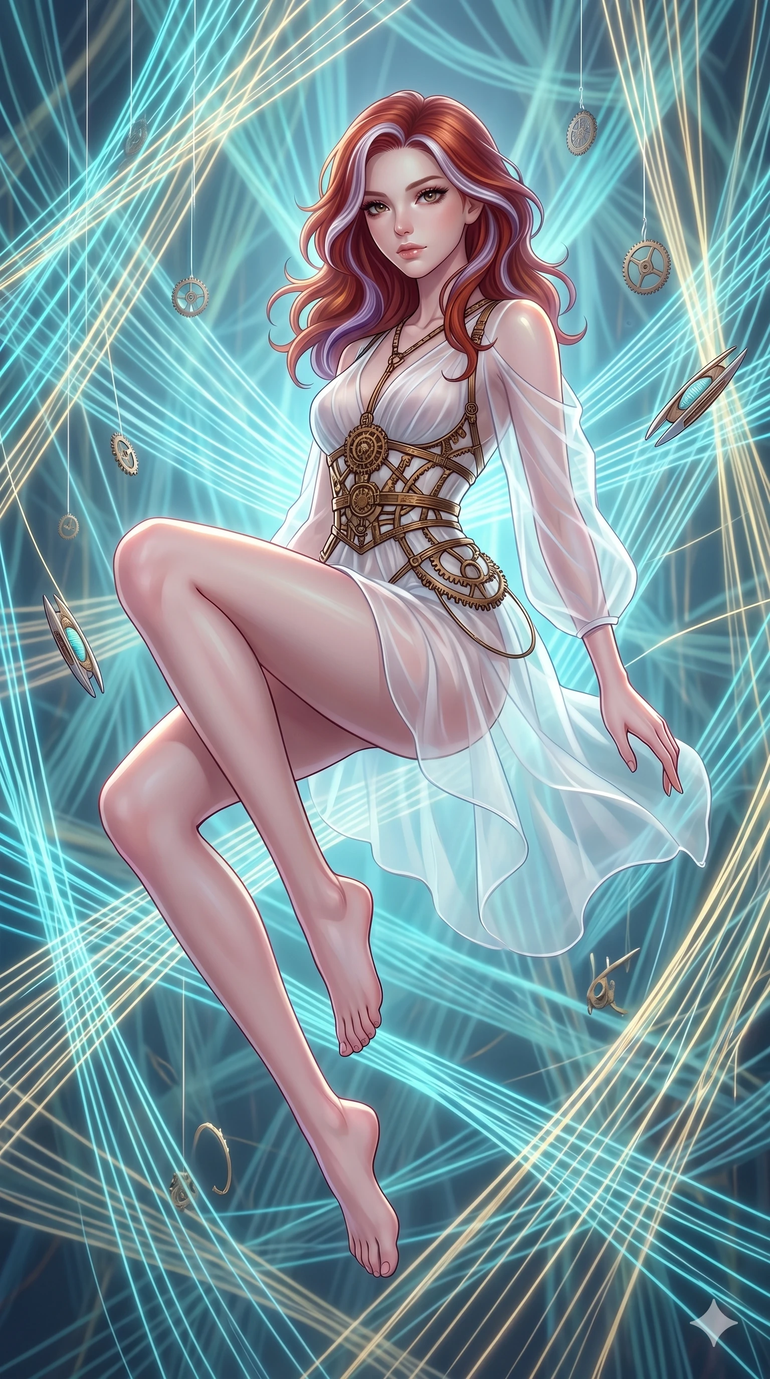 score_9, masterpiece, best quality, ultra-detailed, high-budget anime keyframe, Caucasian woman, strictly human ears. upper body close-up from the thighs up, character filling the screen for maximum presence. floating suspended in an ethereal loom room where millions of luminescent cyan and gold threads intersect and weave geometric patterns. She has an absolutely perfect 8-heads proportion, an exceptionally tall and slender female figure with impossibly long slender legs and an ultra-slim waist. V-shaped jawline, high-bridge nose, intricate jewel-like eyes with depth, thick eyelashes, glossy lips with a natural sheen.. wearing a chrono-gear wire harness couture, featuring micro-bronze gear wire harness cinching her waist, over a translucent white organza overlay. enhanced by a luminous pastel spectrum glow, casting elegant rim lights on her shoulders and jawline. 2k, ultra detail, master piece, 9:16 ratio