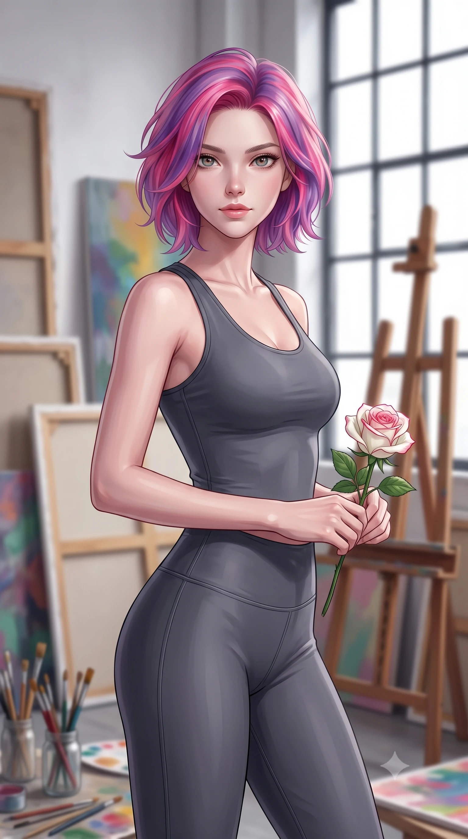 score_9, masterpiece, best quality, ultra-detailed, high-budget anime keyframe, editorial fashion photography, tasteful artistic composition, Caucasian woman woman. close-up cowboy shot from the waist and thighs up, the character dominates the composition, filling the frame with her large presence, background elements kept in soft focus. gazing directly at the viewer with a calm and welcoming expression, holding a fresh flower the background shows a soft-focus an artist's studio filled with canvases, paint brushes, and easel near a large industrial window. She has an exceptionally elegant, slender, and willowy female figure with an ultra-slim waist, a gracefully sculpted slender torso, and a refined silhouette. sharp v-shaped jawline, high-bridge nose, intricate jewel-like eyes with depth, thick eyelashes, glossy lips with a natural sheen. wearing a form-contouring form-fitting activewear top and leggings set in charcoal grey, tracing her athletic frame. crisp North daylight casting soft, consistent lighting over the workspace. 2k, ultra detail, master piece, 9:16 ratio