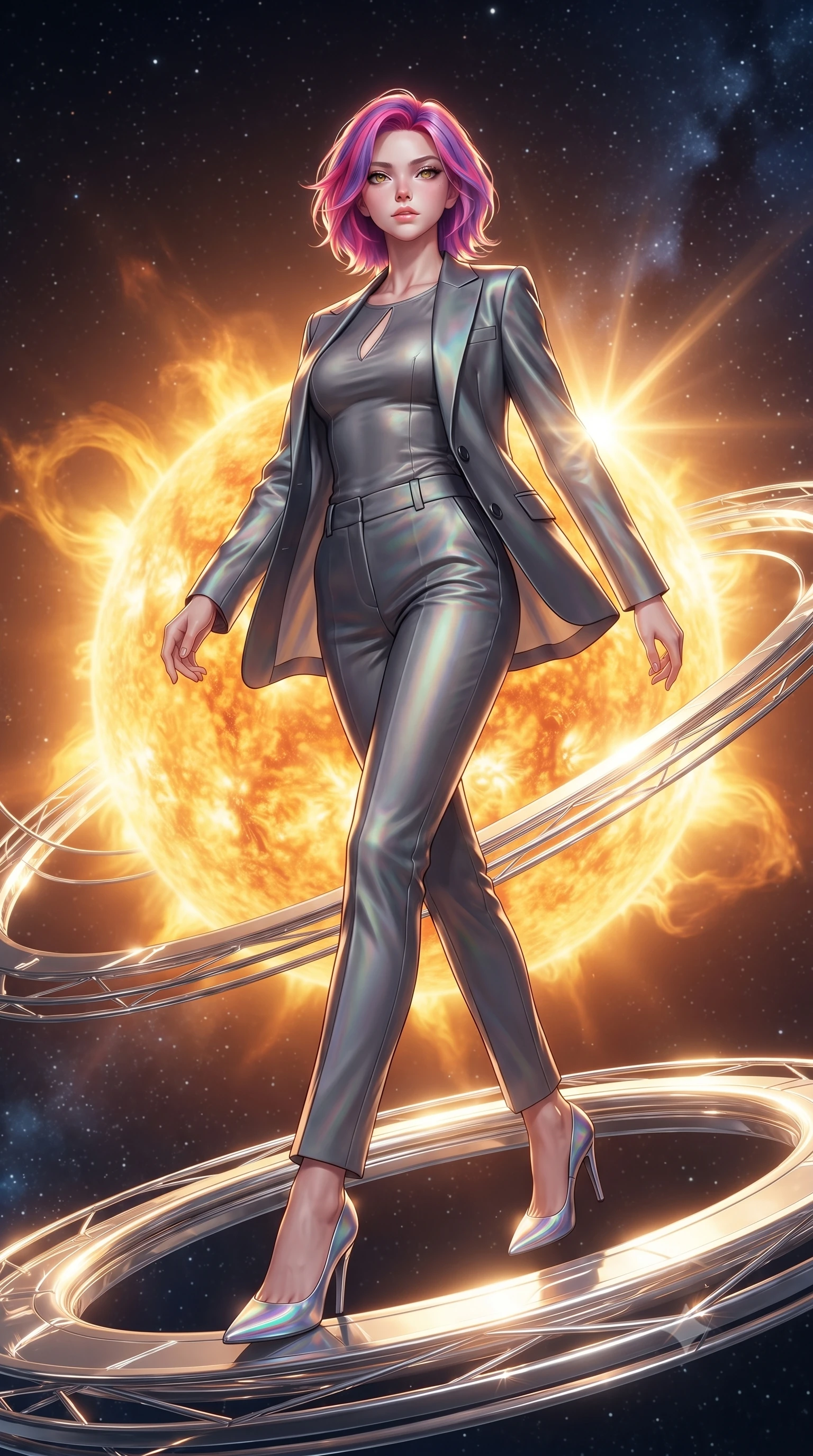 score_9, masterpiece, best quality, ultra-detailed, high-budget anime keyframe, editorial fashion photography, tasteful artistic composition, Caucasian woman. low angle full-body shot from head to toe showing her feet, filling the entire 9:16 vertical frame with her statuesque presence, stretching her vertical silhouette. stepping forward in a proud dynamic stride, her vertical silhouette filling the frame with statuesque presence while stepping forward with a proud statuesque stride along a platinum ring suspended over a sun core, platinum wire lattices reflecting intense warm sunlight with brilliant metallic luster. She has an absolutely perfect, statuesque 8.5-heads proportion, an exceptionally tall and slender model-like female figure with impossibly long slender legs and an ultra-slim waist. sharp v-shaped jawline, high-bridge nose, intricate jewel-like eyes with depth, thick eyelashes, glossy lips with a natural sheen, flawlessly proportioned anatomical accuracy, natural body alignment, perfectly sculpted elegant limbs, clean dynamic posture without body distortion. wearing a tailored silk blazer over a form-contouring scoop-neck top and slacks in charcoal grey and platinum, crafted from iridescent chiffon that shifts colors in the light, accented with a Tasteful chest slit framing her clavicle gracefully, the sleek second-skin texture accentuating her magnetic presence. bathed in glorious golden solar flares and intense warm sunburst backlighting. ultra-reflective glossy finish, specular highlights, metallic sheen, high-contrast stereoscopic depth, volumetric dynamic lighting, 2k, ultra detail, master piece, 9:16 ratio